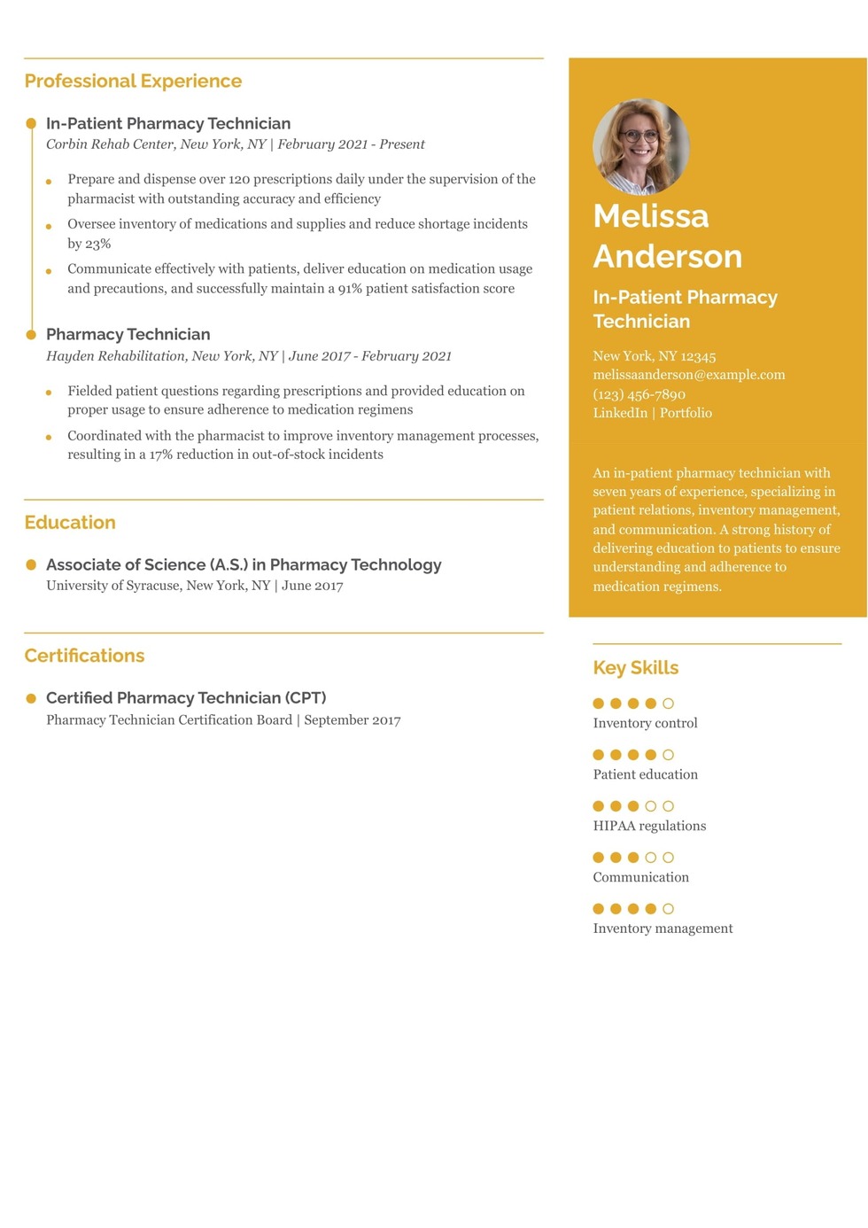 In-Patient Pharmacy Technician Resume Example