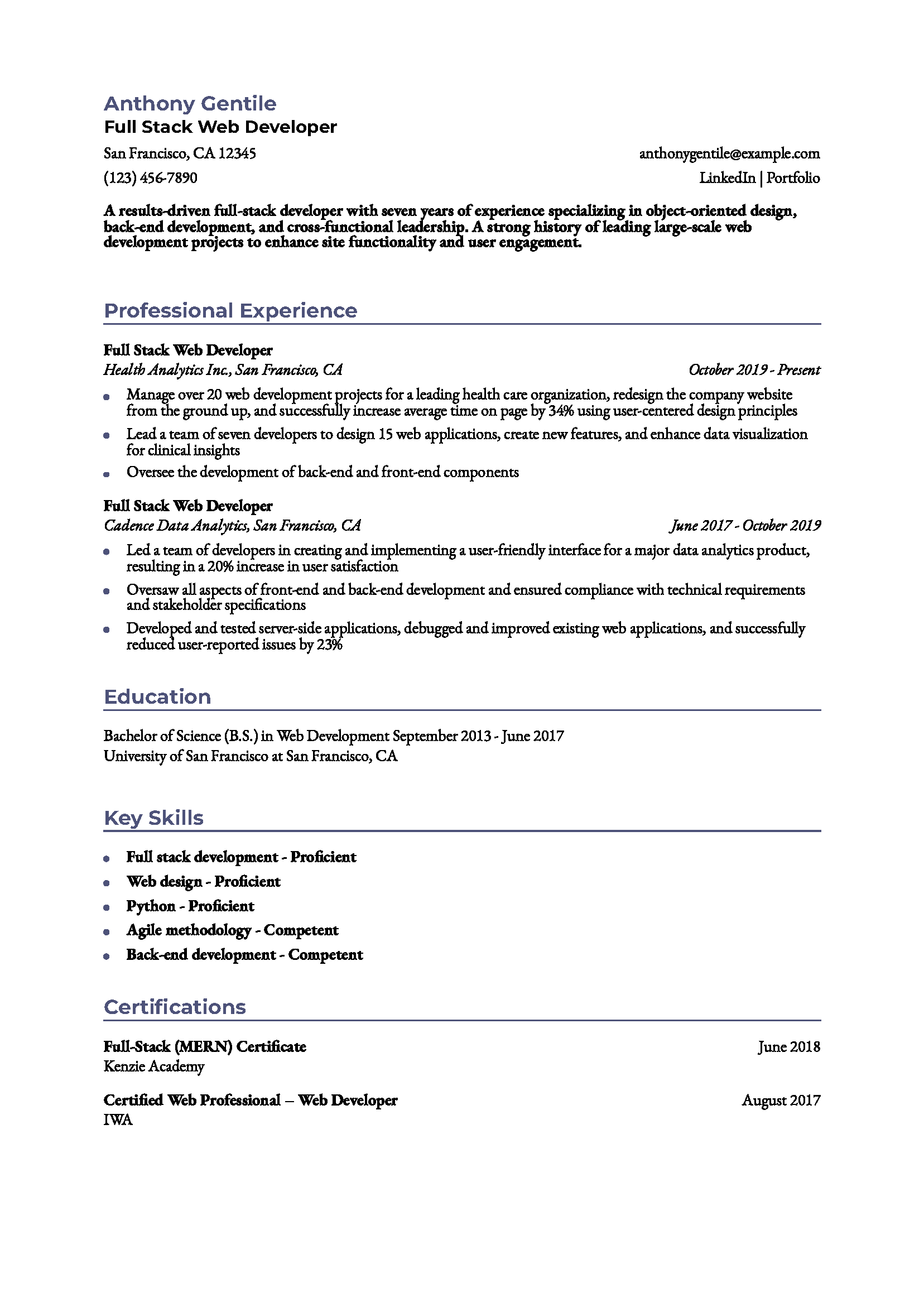 Full Stack Web Developer Resume Example