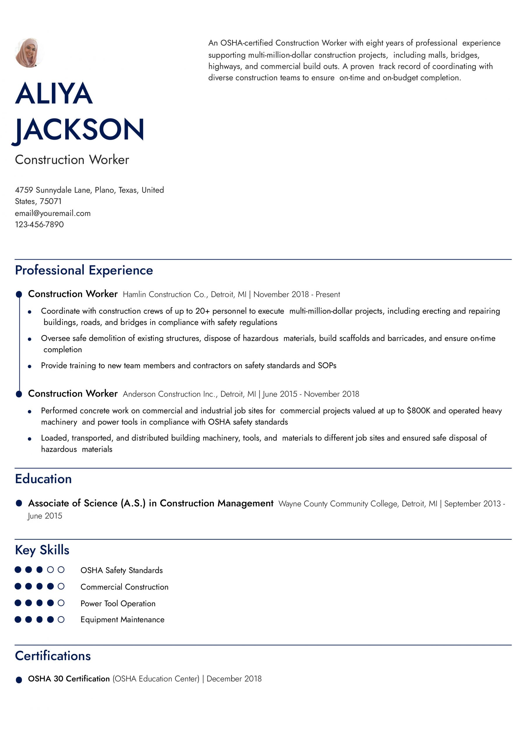 Construction Worker Resume Examples and Templates for 2024
