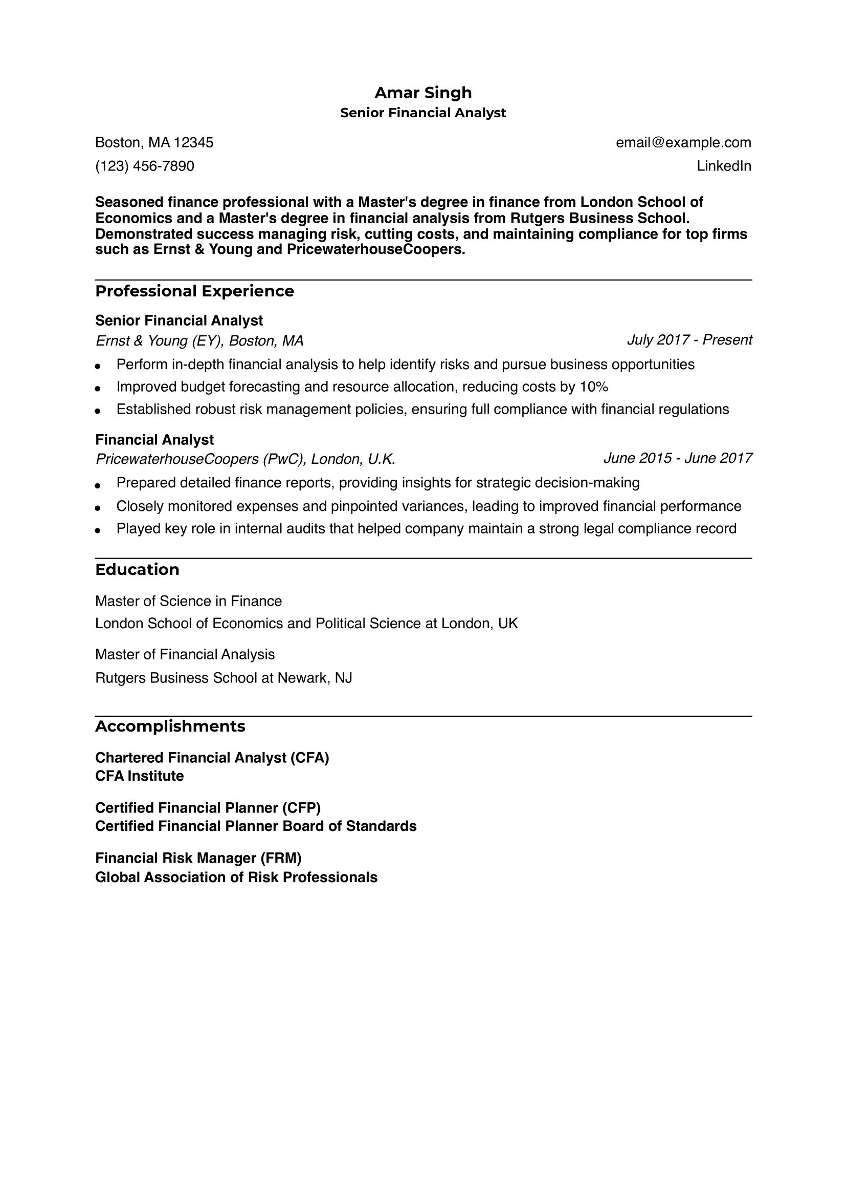 MBA Finance Resume Example