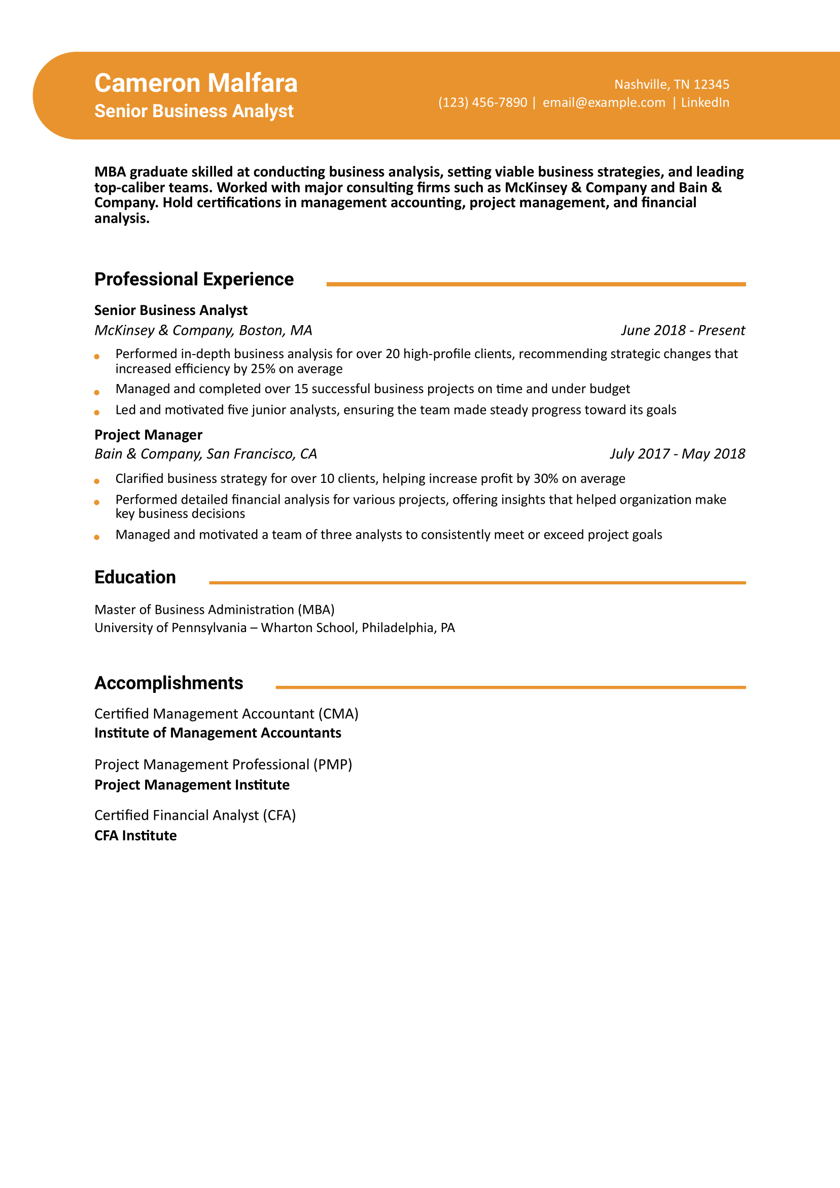 MBA Graduate Resume Example