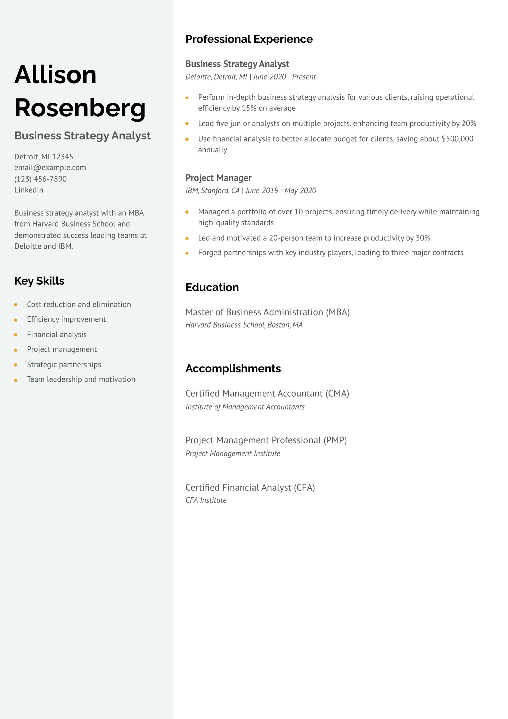 MBA Student Resume Example