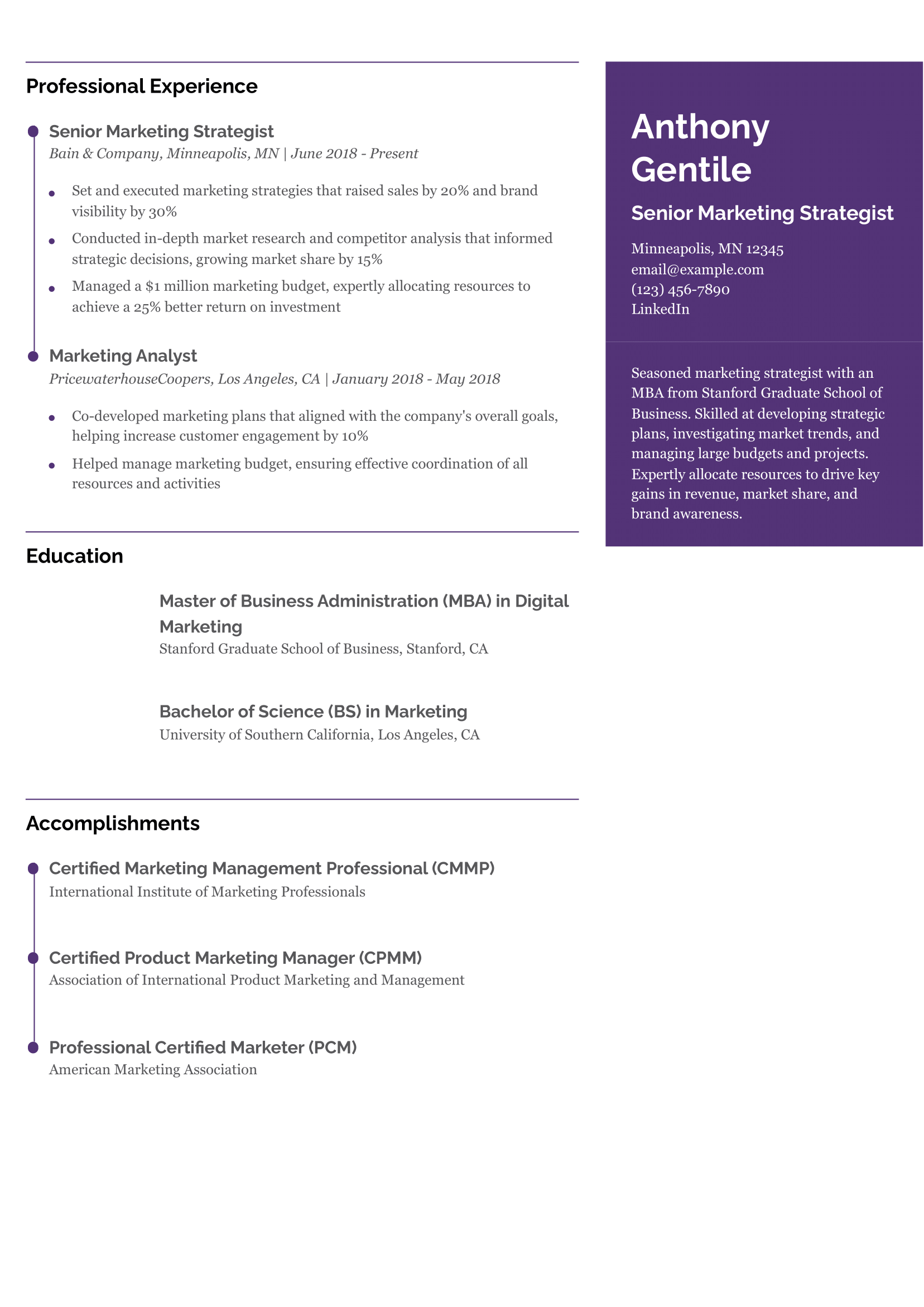 Marketing MBA Resume Example