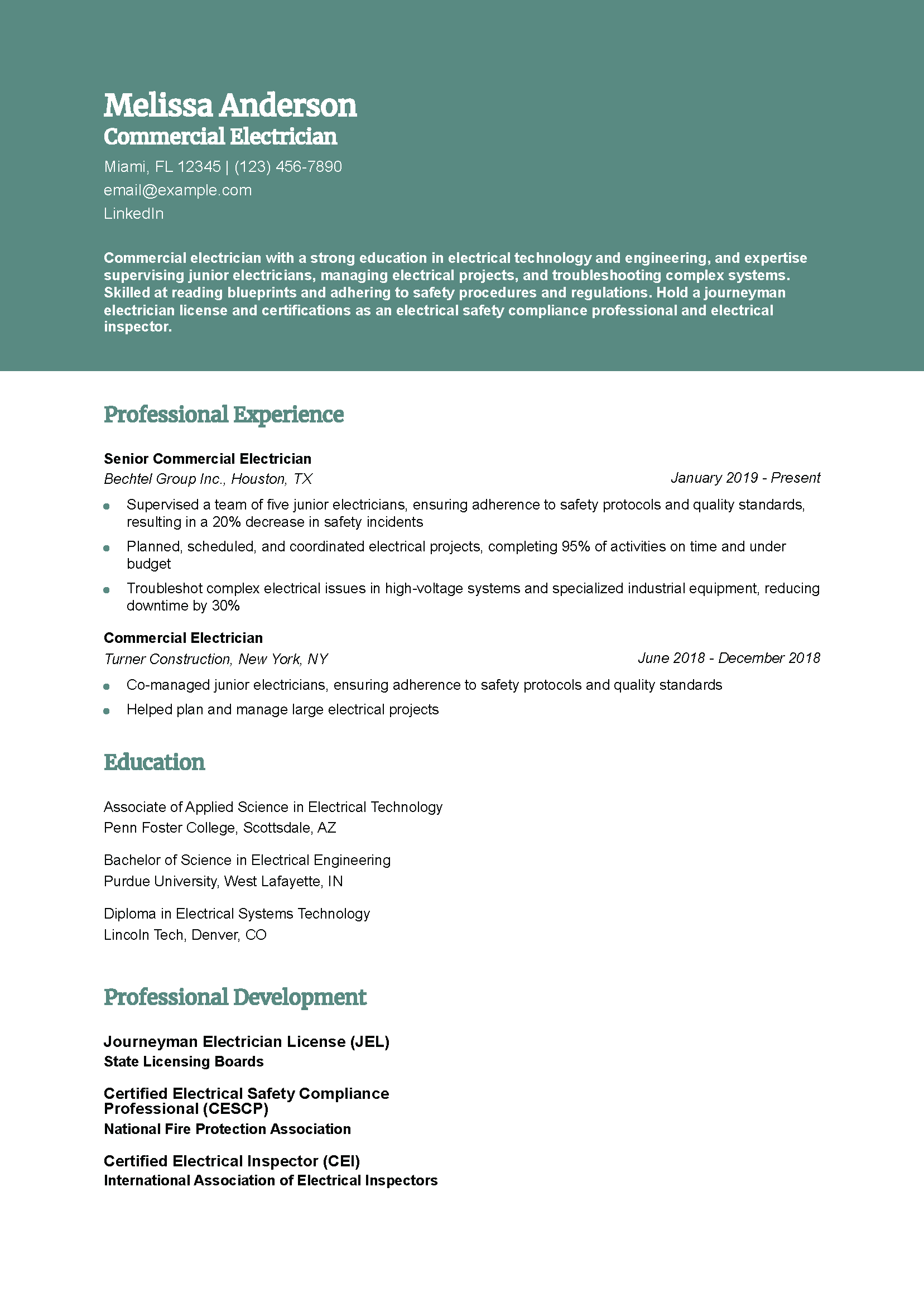 Commercial Electrician Resume Example