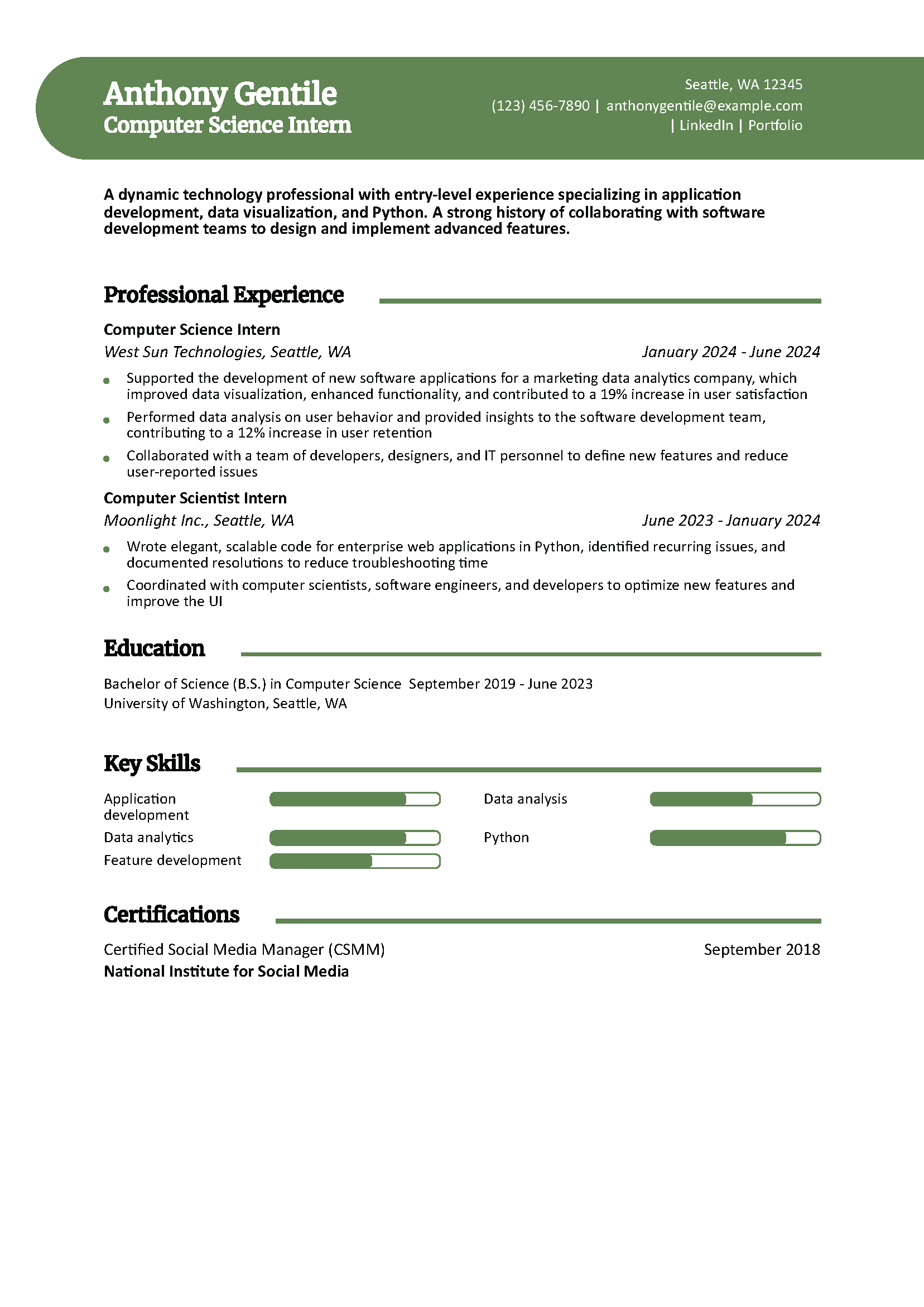 Computer Science Intern Resume Example