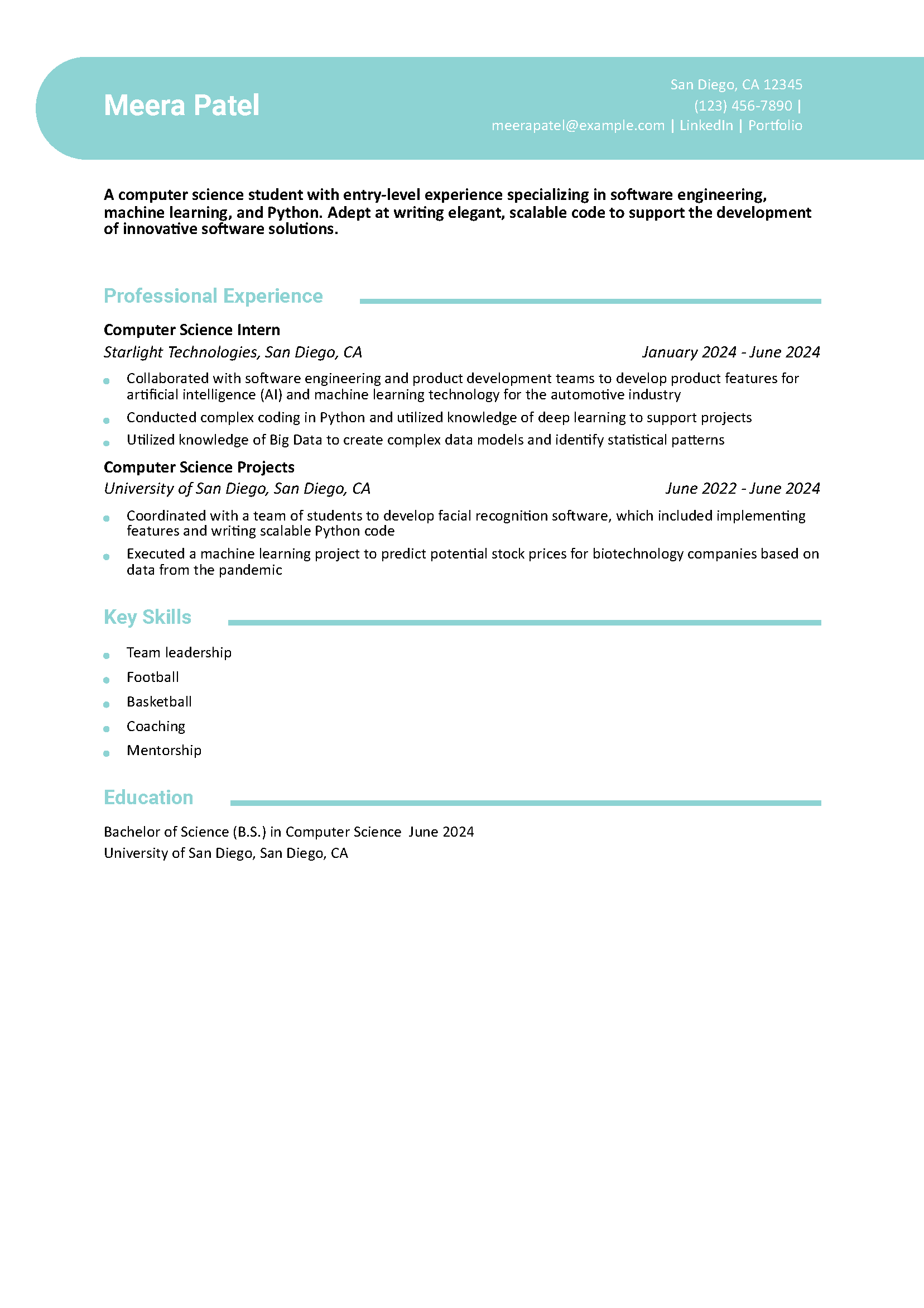 Computer Science Student Resume Example