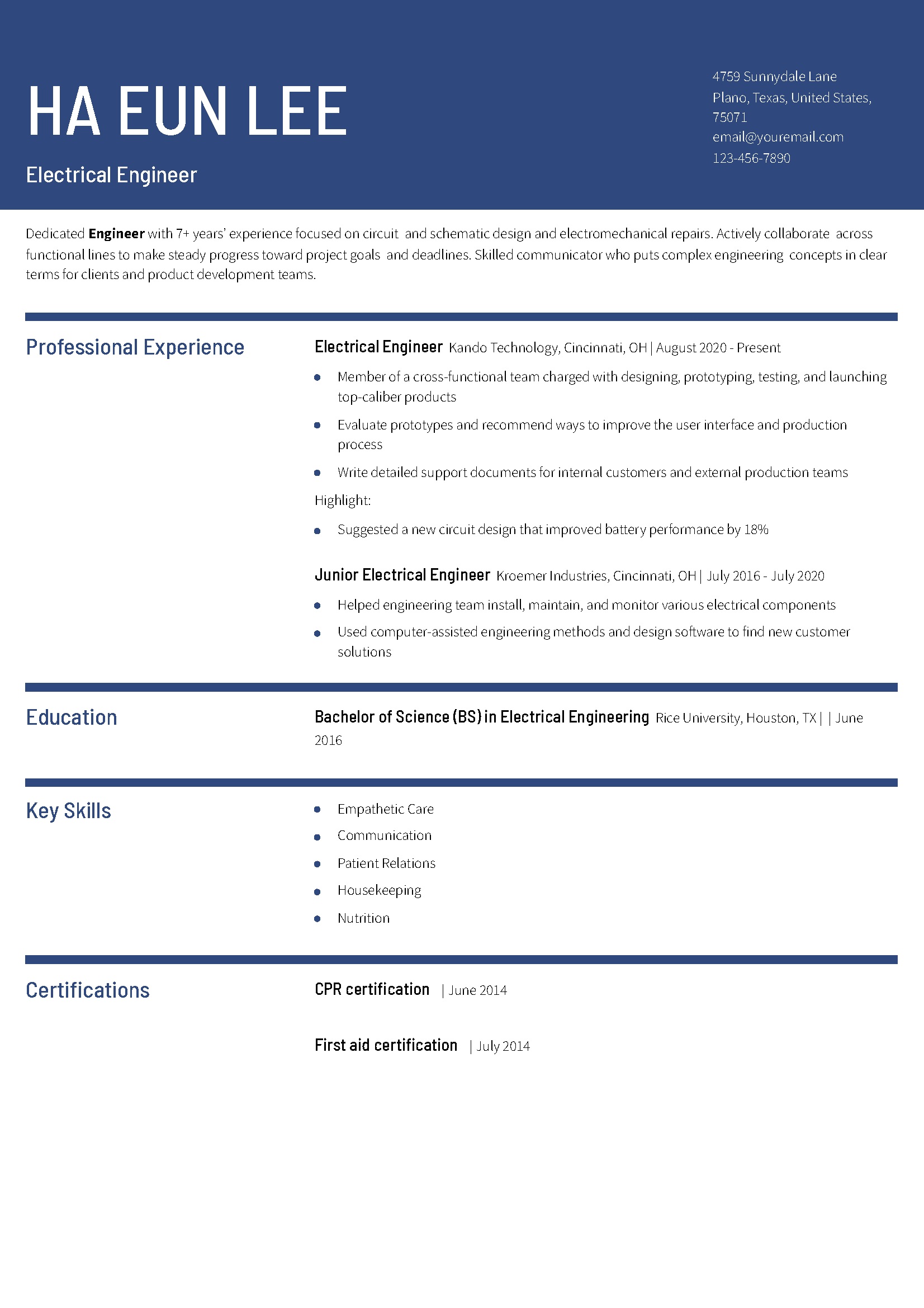 Electrical Engineer Resume Example