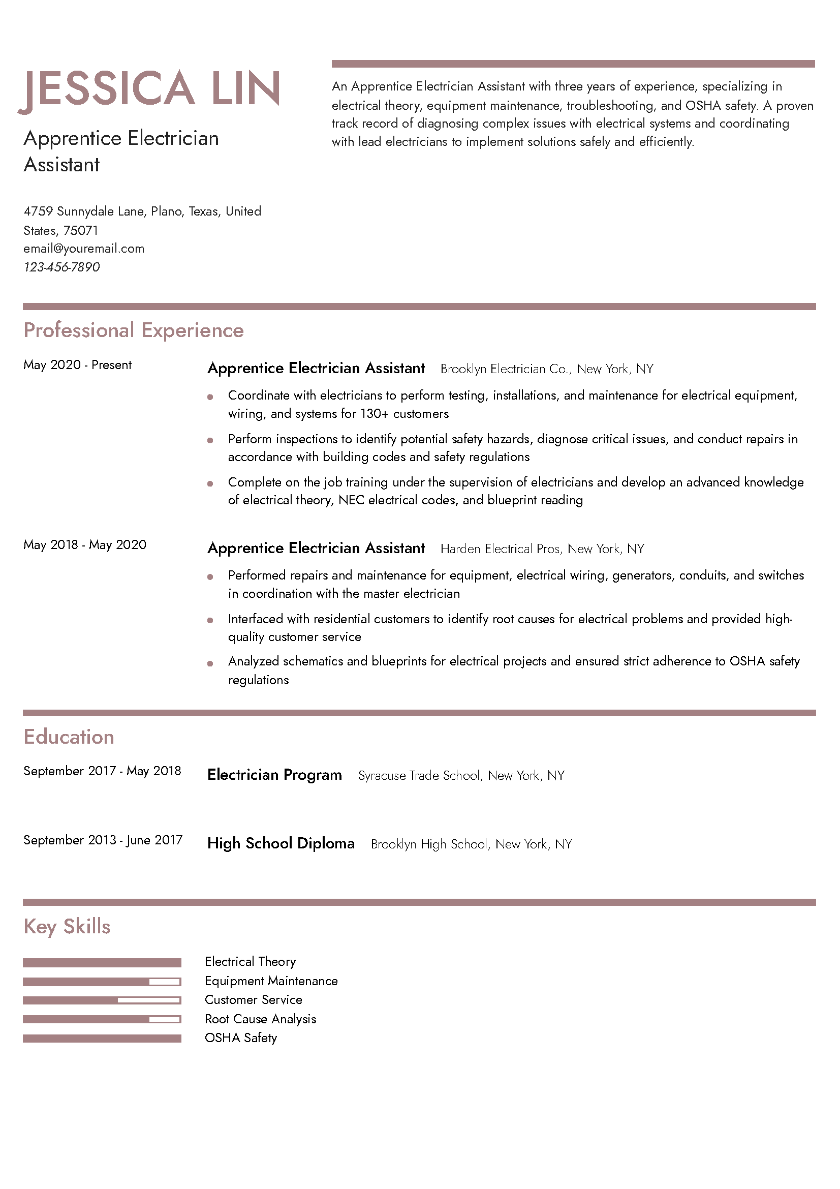 Electrician Assistant Apprentice Resume Example