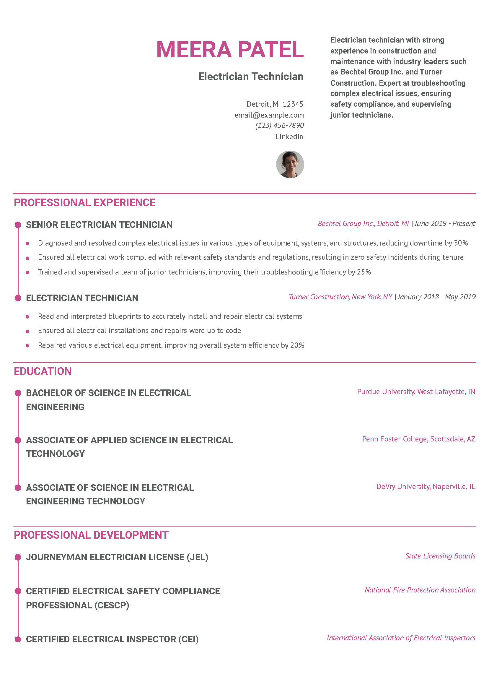 Electrician Technician Resume Example