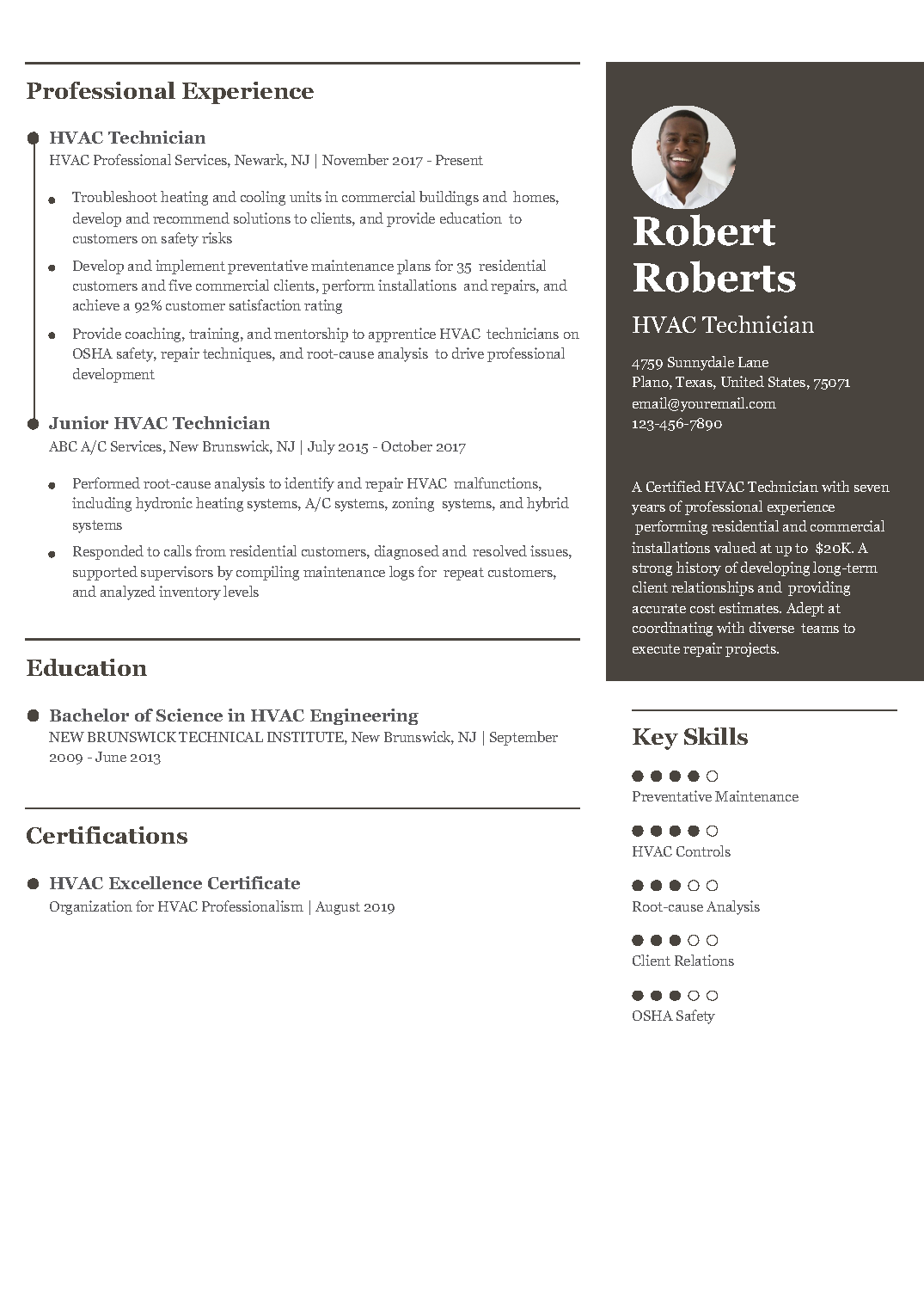 Heating, Ventilation, and Air Conditioning Technician Resume Example