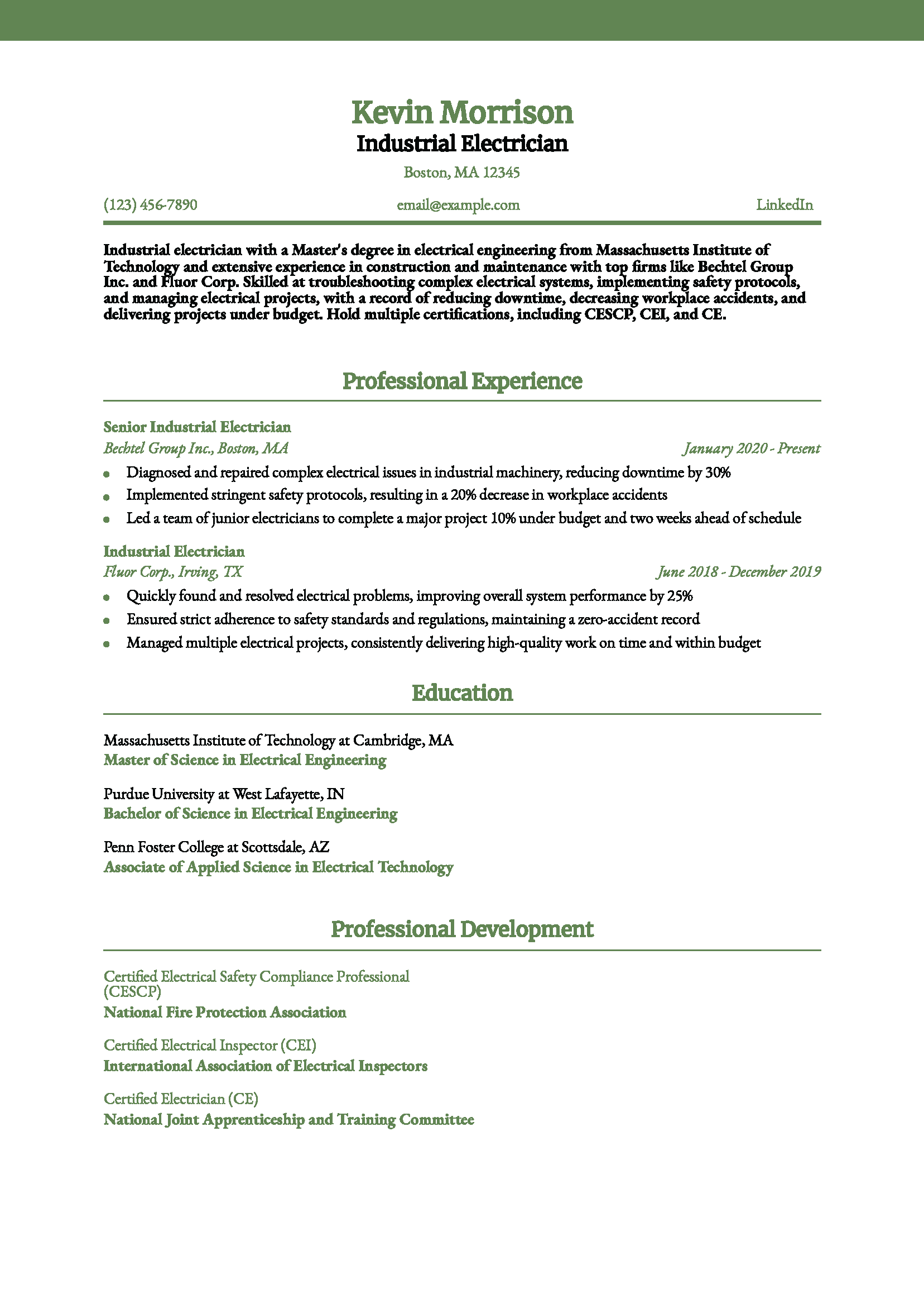 Industrial Electrician Resume Example