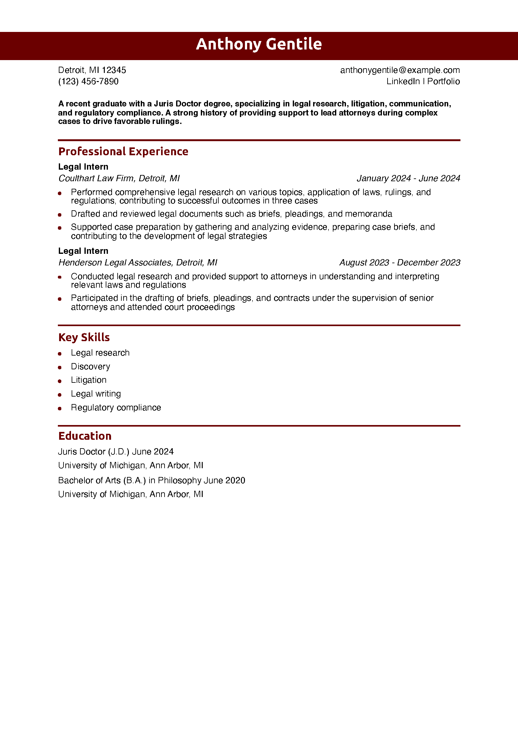 Legal Student Resume Example