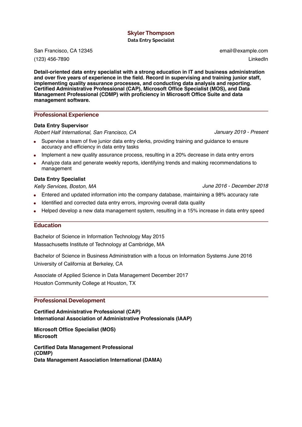 Data Entry Specialist Resume Example