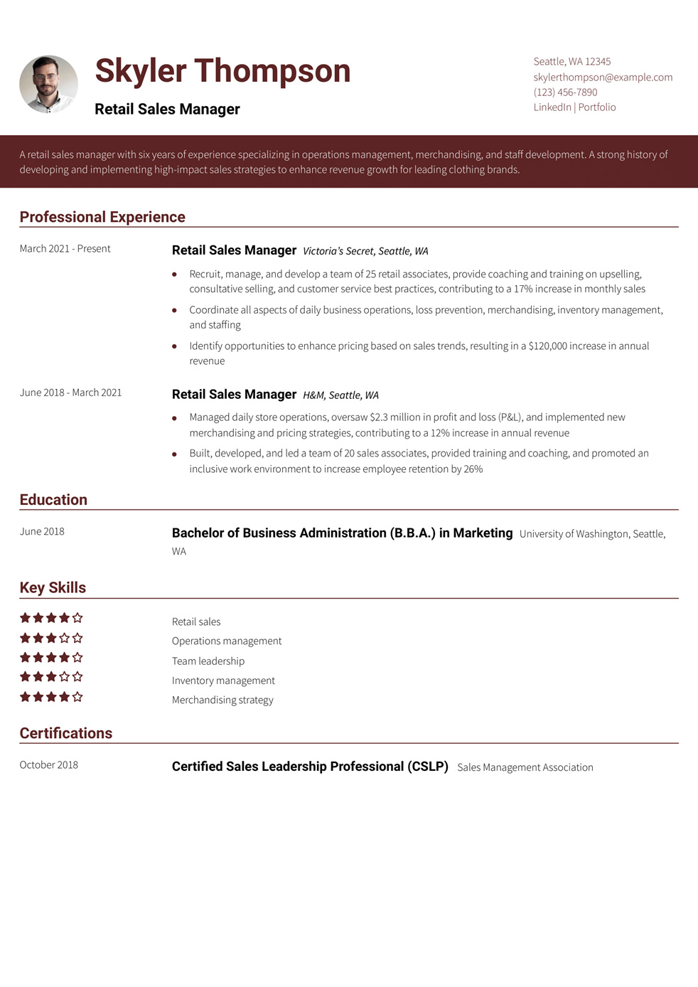 Retail Sales Manager Resume Example