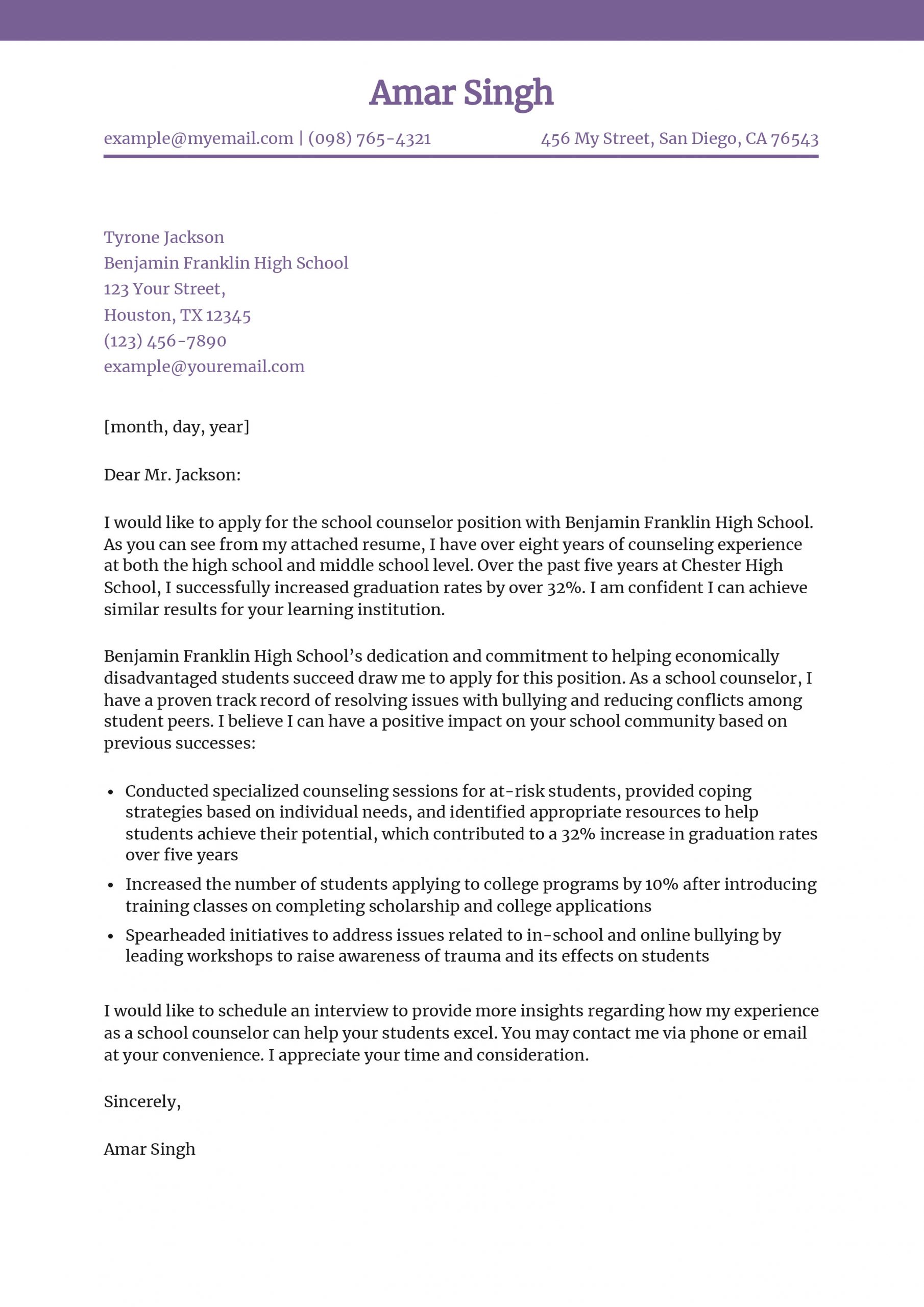 School Counselor Cover Letter Examples and Templates for 2024