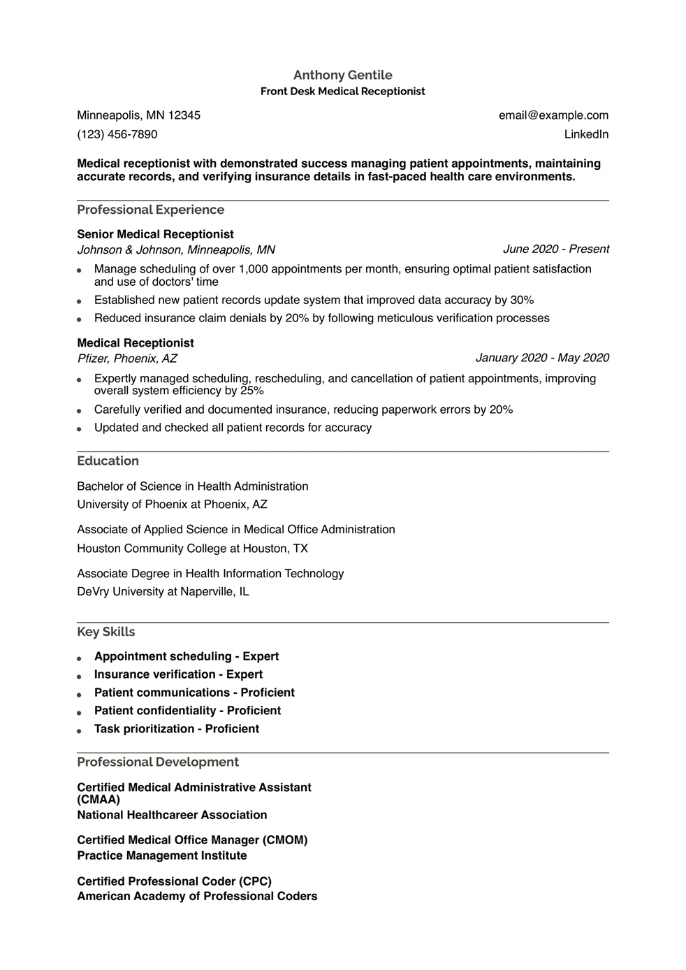 Front Desk Medical Receptionist Resume Example