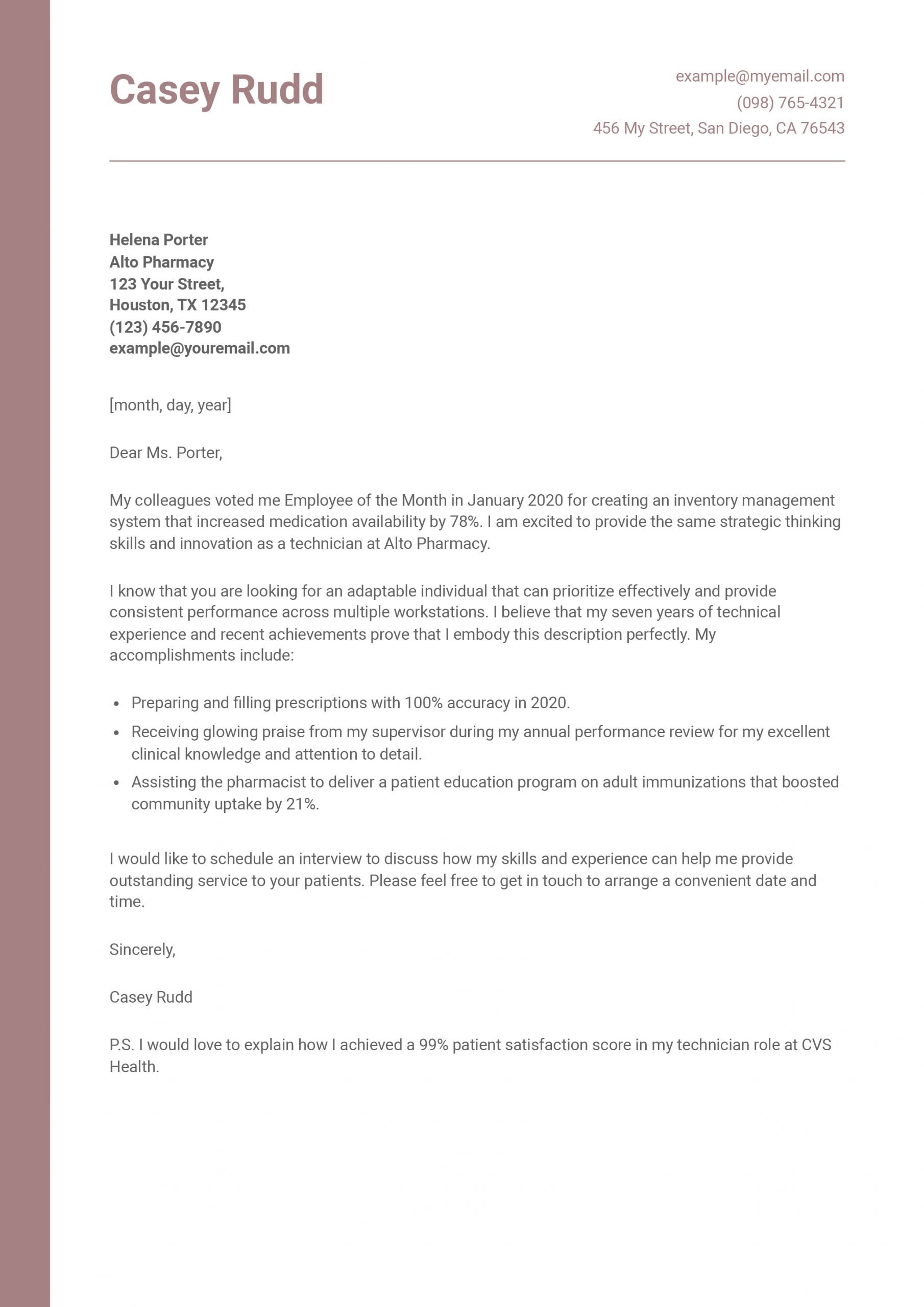 Pharmacy Technician Cover Letter Examples and Templates for 2024