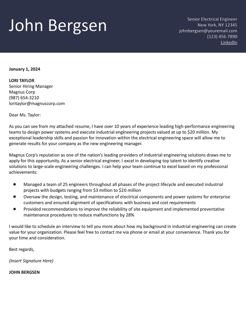 Electrical Engineer Cover Letter Examples and Templates for 2024