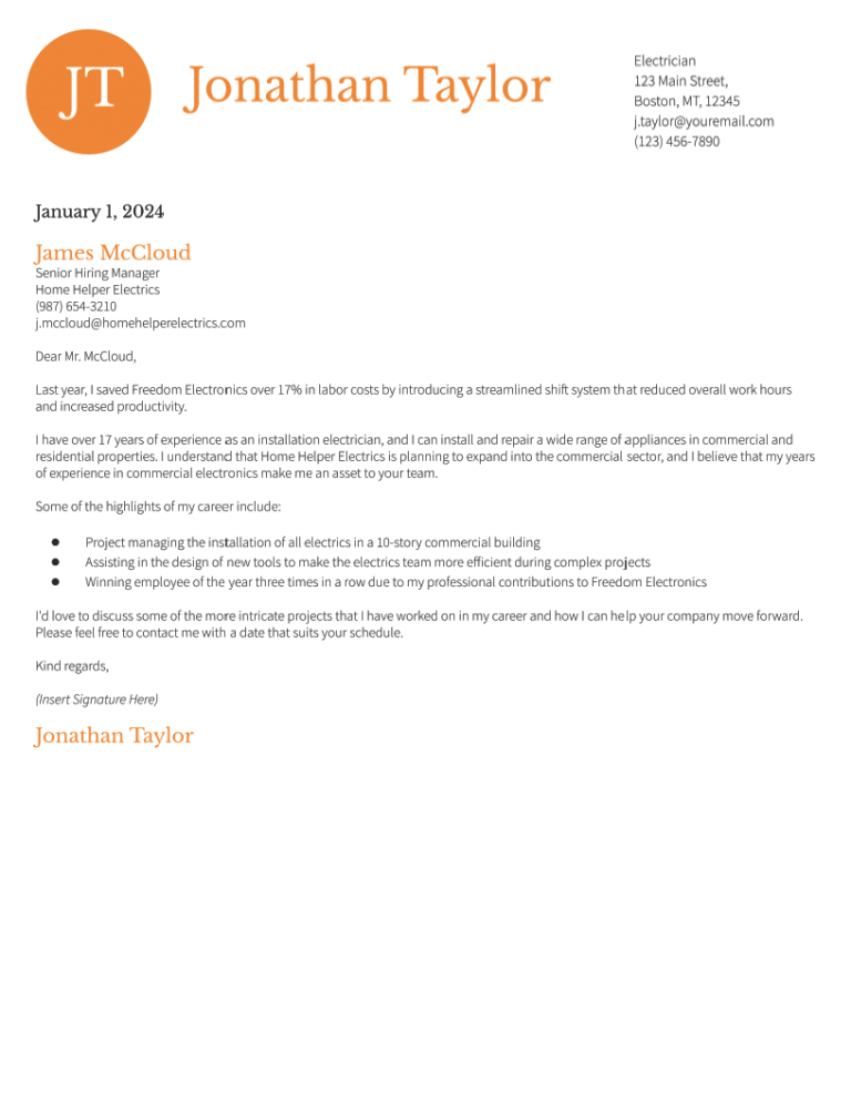 Electrician Cover Letter Examples and Templates for 2024 ...