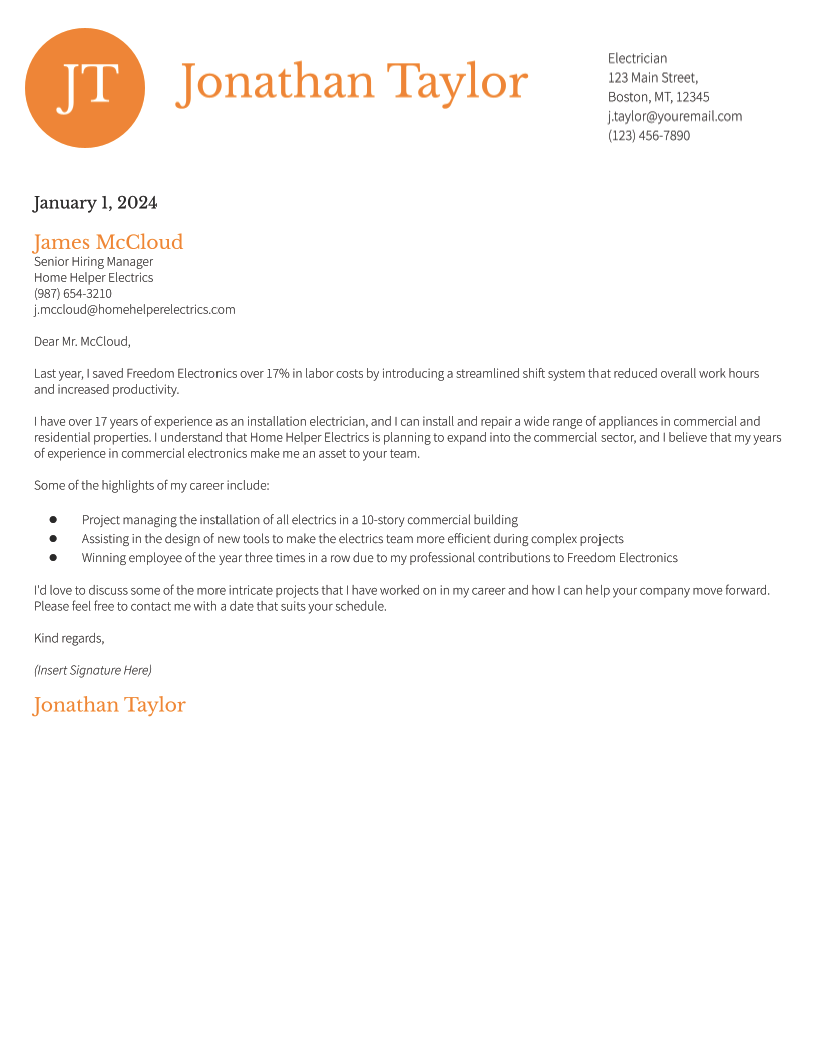 Electrician Cover Letter Examples and Templates for 2024