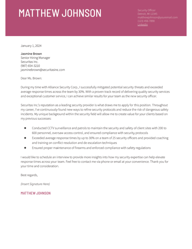 Security Officer Cover Letter Examples and Templates for 2024 ...