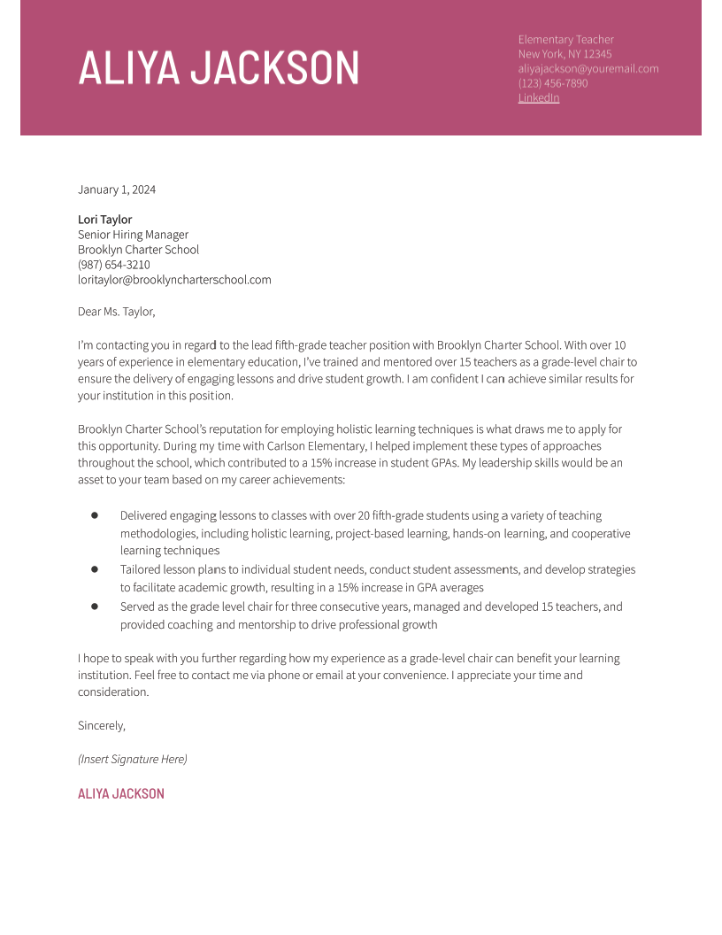 Elementary Teacher Cover Letter Examples and Templates for 2024
