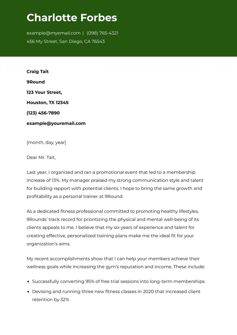 Personal Trainer Cover Letter Examples and Templates for 2024 ...