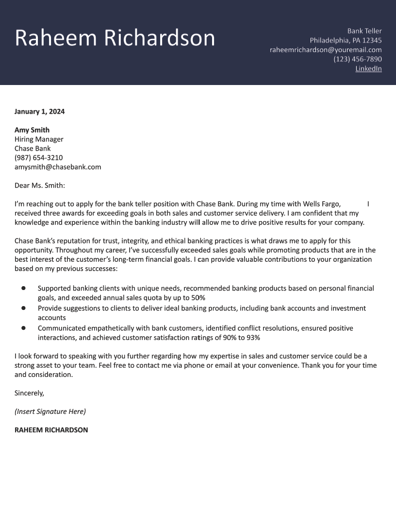 Bank Teller Cover Letter Examples and Templates for 2024