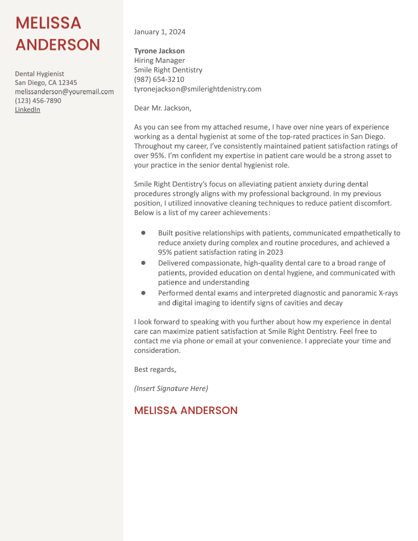 Dental Hygienist Cover Letter Examples and Templates for 2024