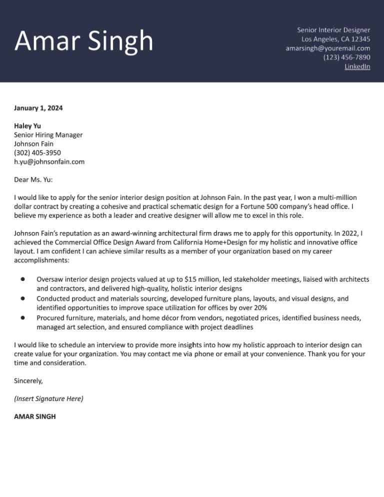 3 Interior Design Cover Letter Examples Created in 2024
