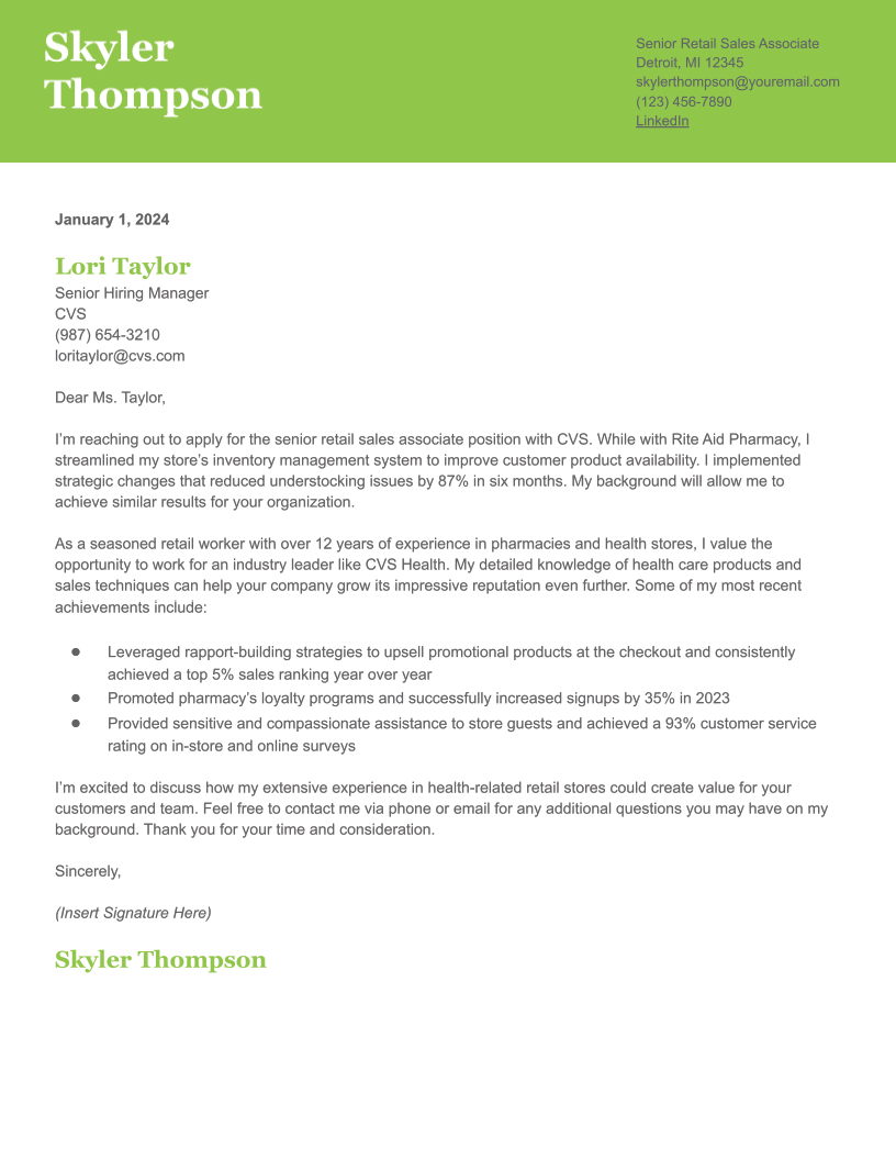 Retail Sales Associate Cover Letter Examples and Templates for 2024