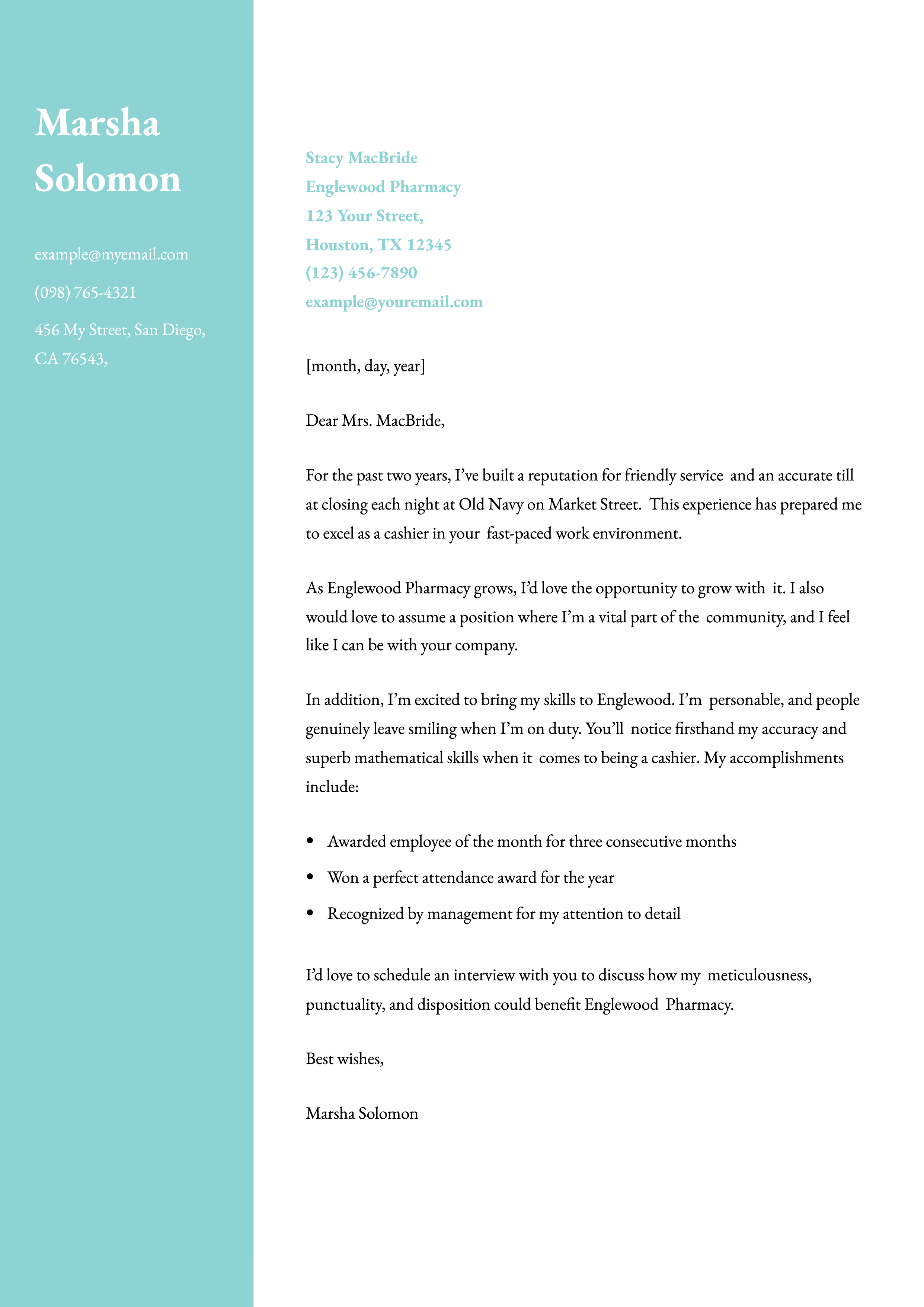 Cashier Cover Letter Examples and Templates for 2024