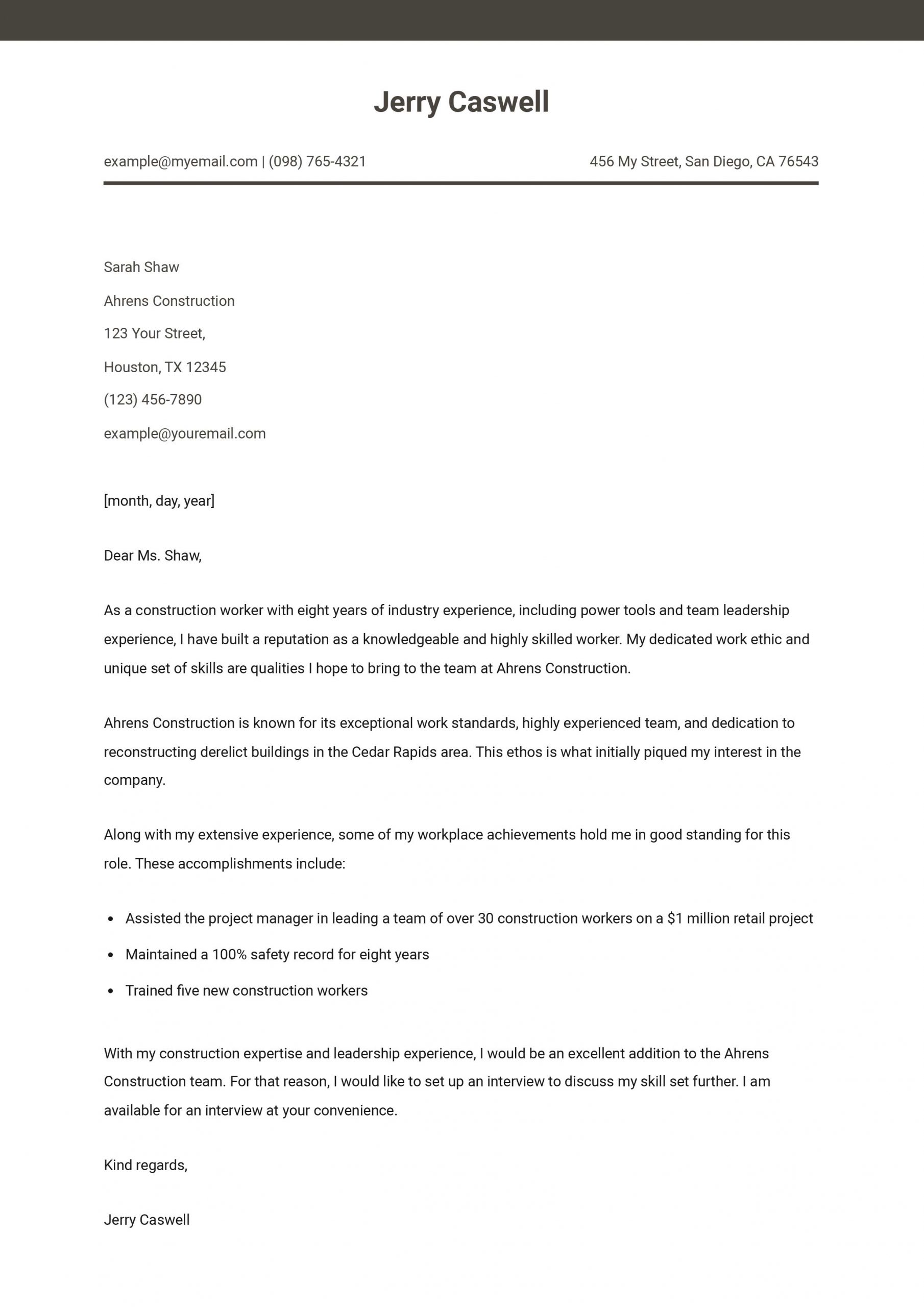 Construction Worker Cover Letter Examples and Templates for 2024