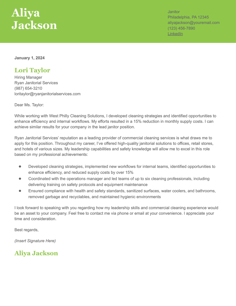 Janitor Cover Letter Examples and Templates for 2024