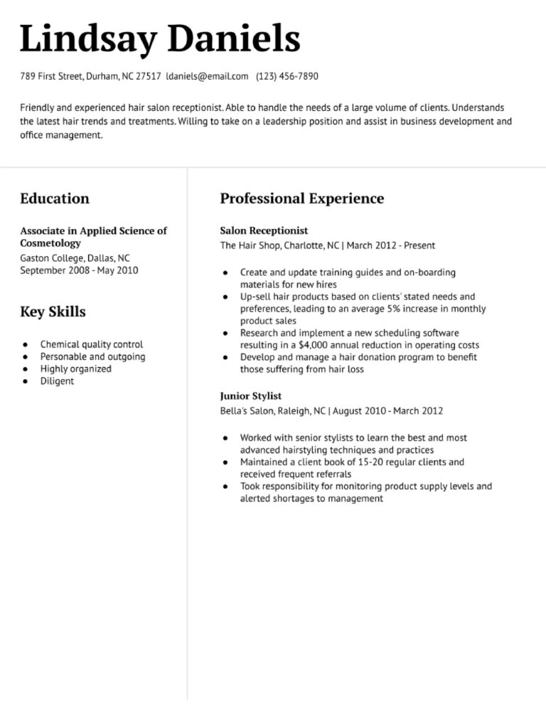 Hair Salon Receptionist Resume Examples and Templates for 2024 ...