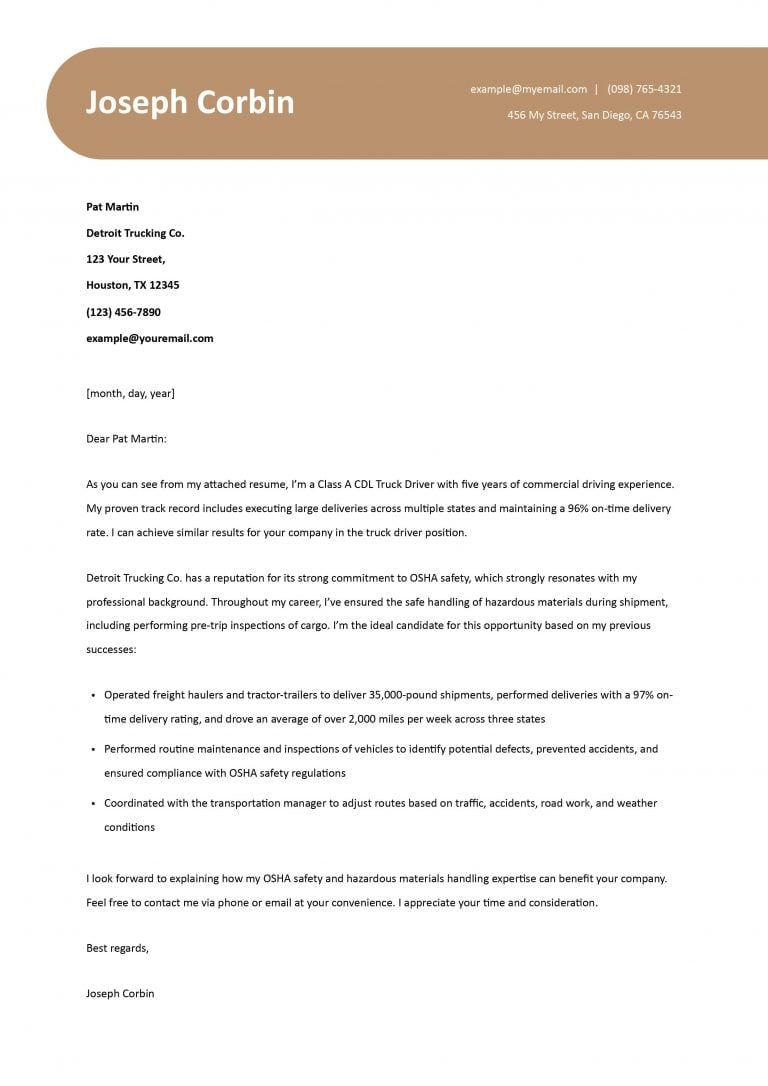 Truck Driver Cover Letter Examples and Templates for 2024 ...