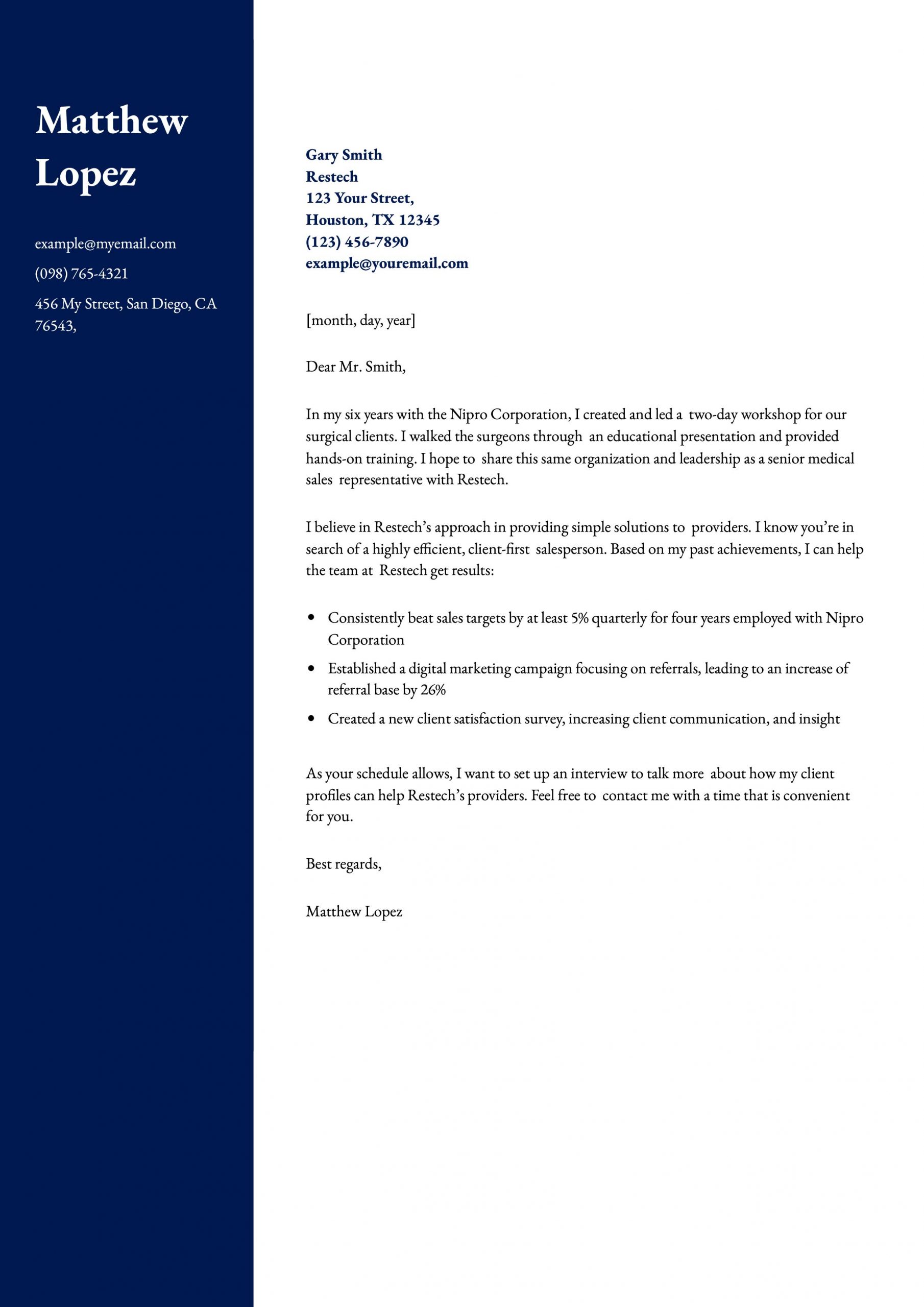 Medical Sales Representative Cover Letter Examples and Templates for 2024