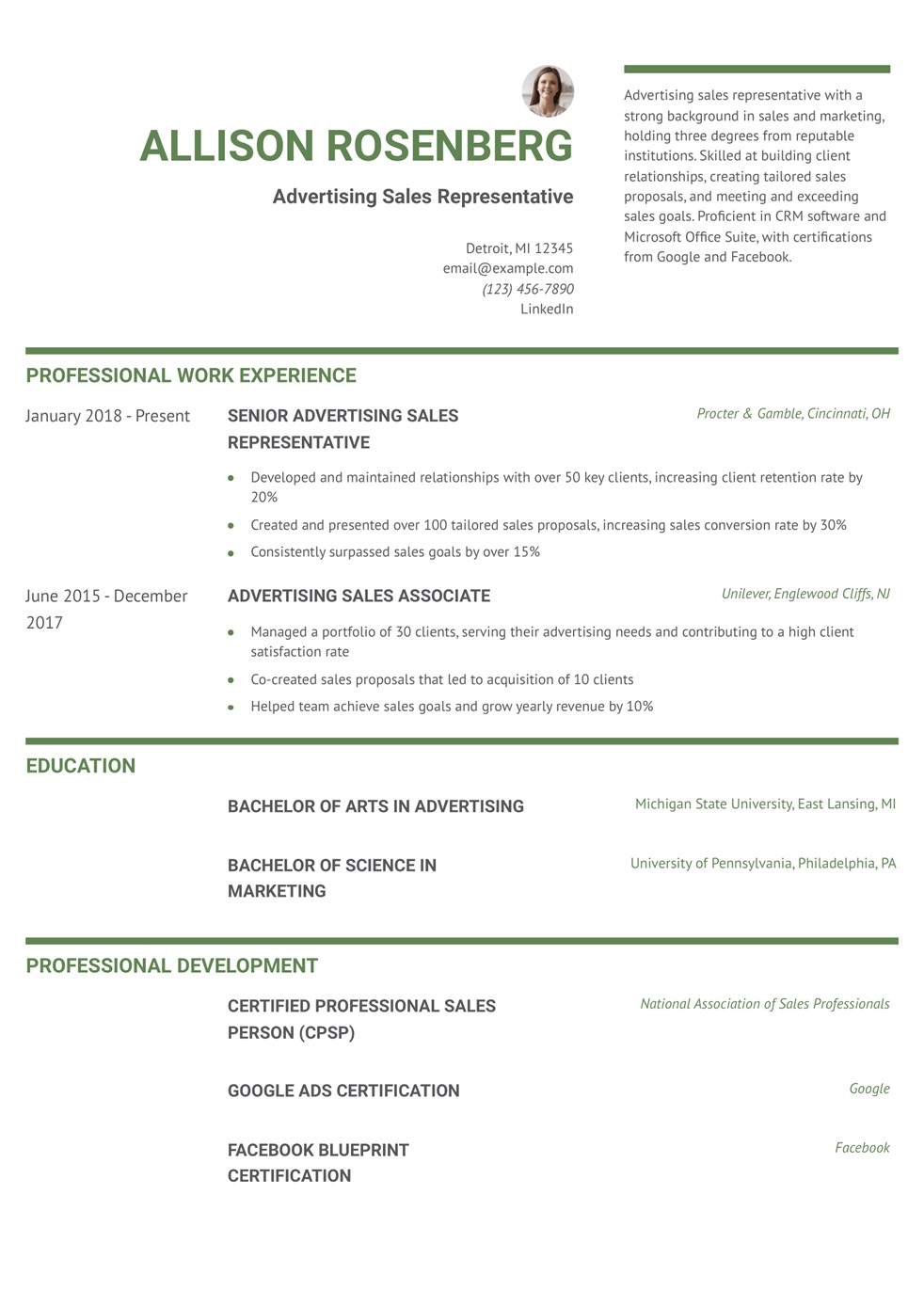 Advertising Sales Representative Resume Example