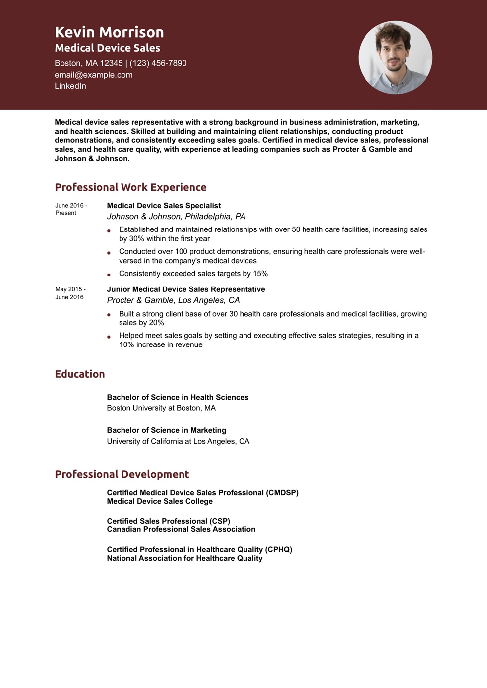 Medical Device Sales Representative Resume Example