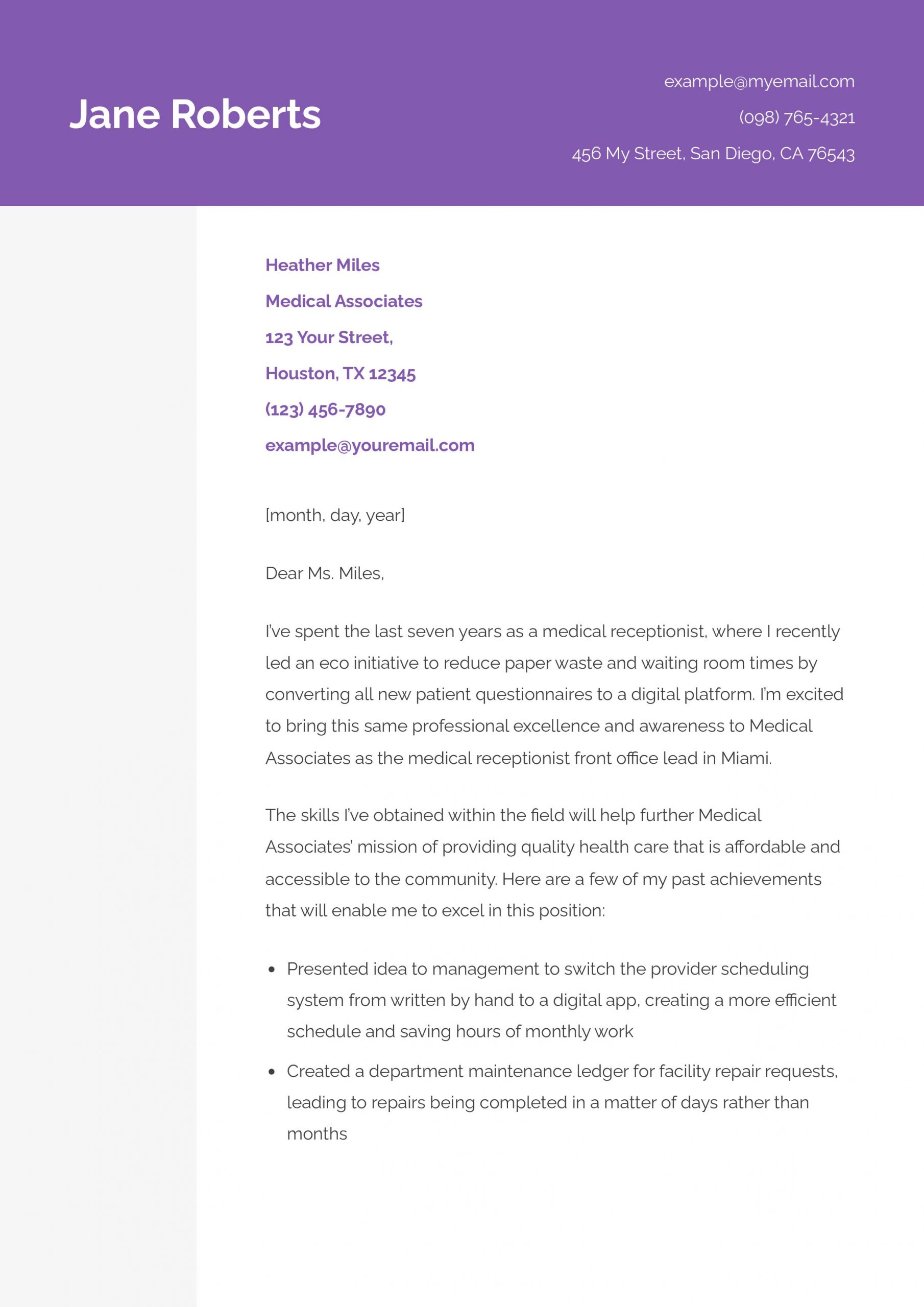 Medical Receptionist Cover Letter Examples and Templates for 2024