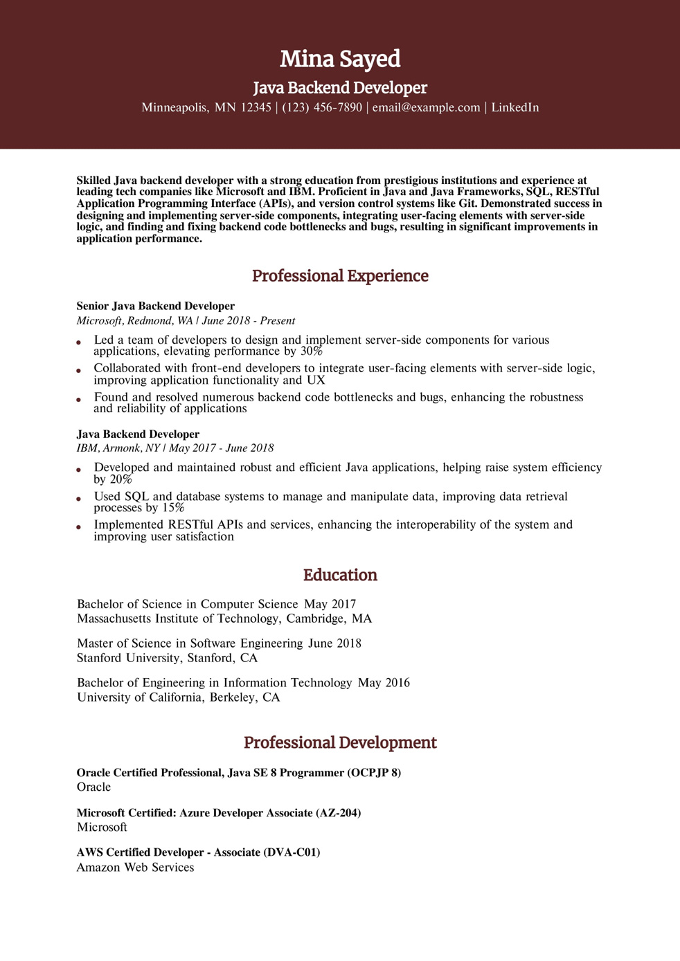 Java Backend Developer Resume Example