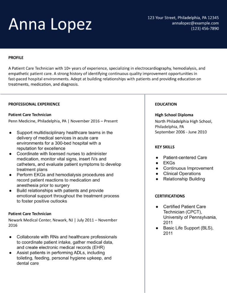 Patient Care Technician Resume Examples and Templates for 2024 ...