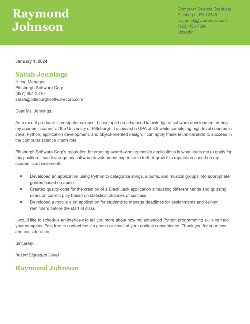 Computer Science Intern Cover Letter Examples and Templates for 2024