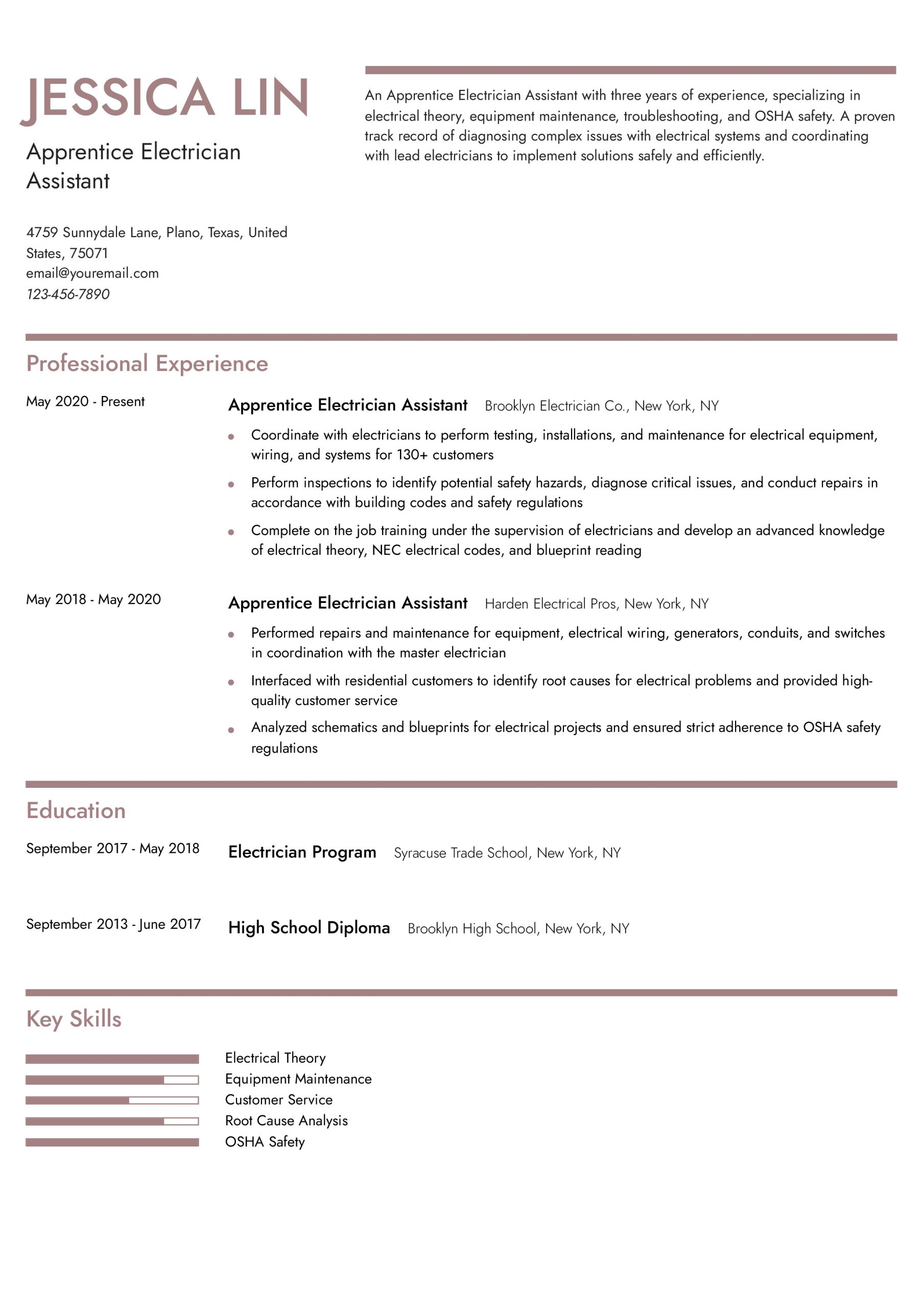 Electrician Assistant Apprentice Resume Examples and Templates for 2024