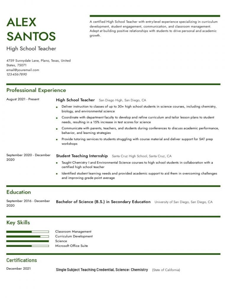 High School Teacher Resume Examples and Templates for 2024 ...