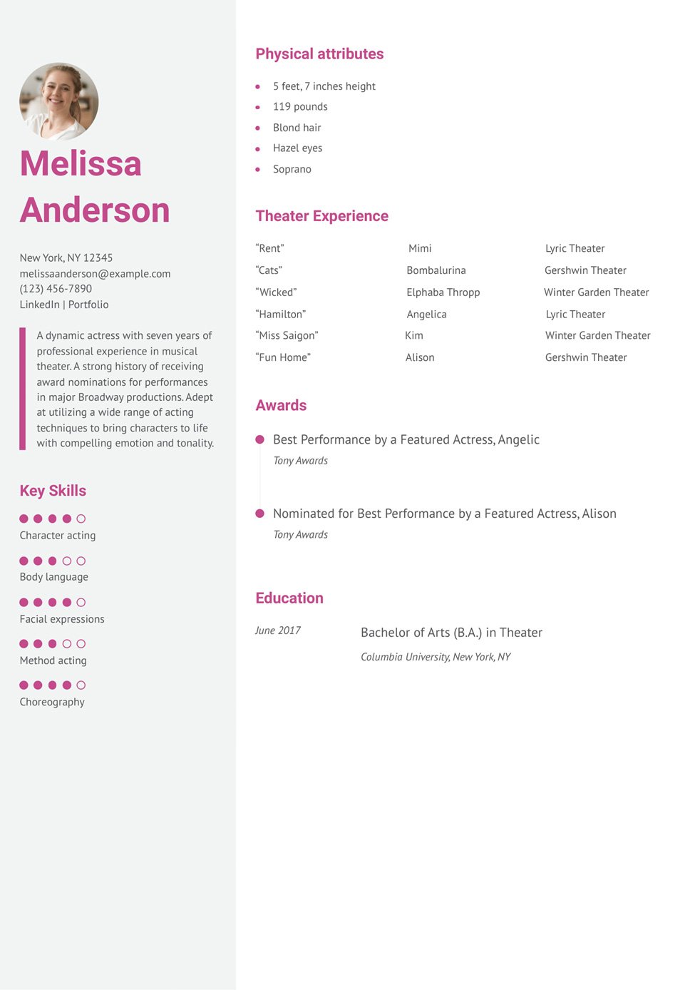 Musical Theater Resume Example