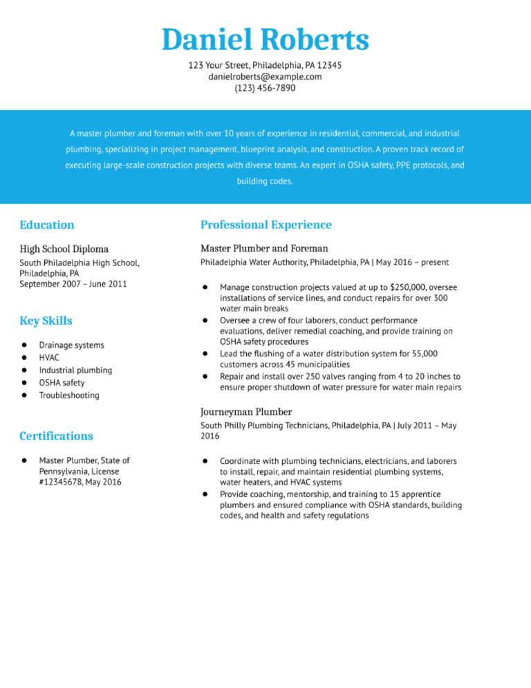 Plumber Resume Examples and Templates for 2024 - ResumeBuilder.com