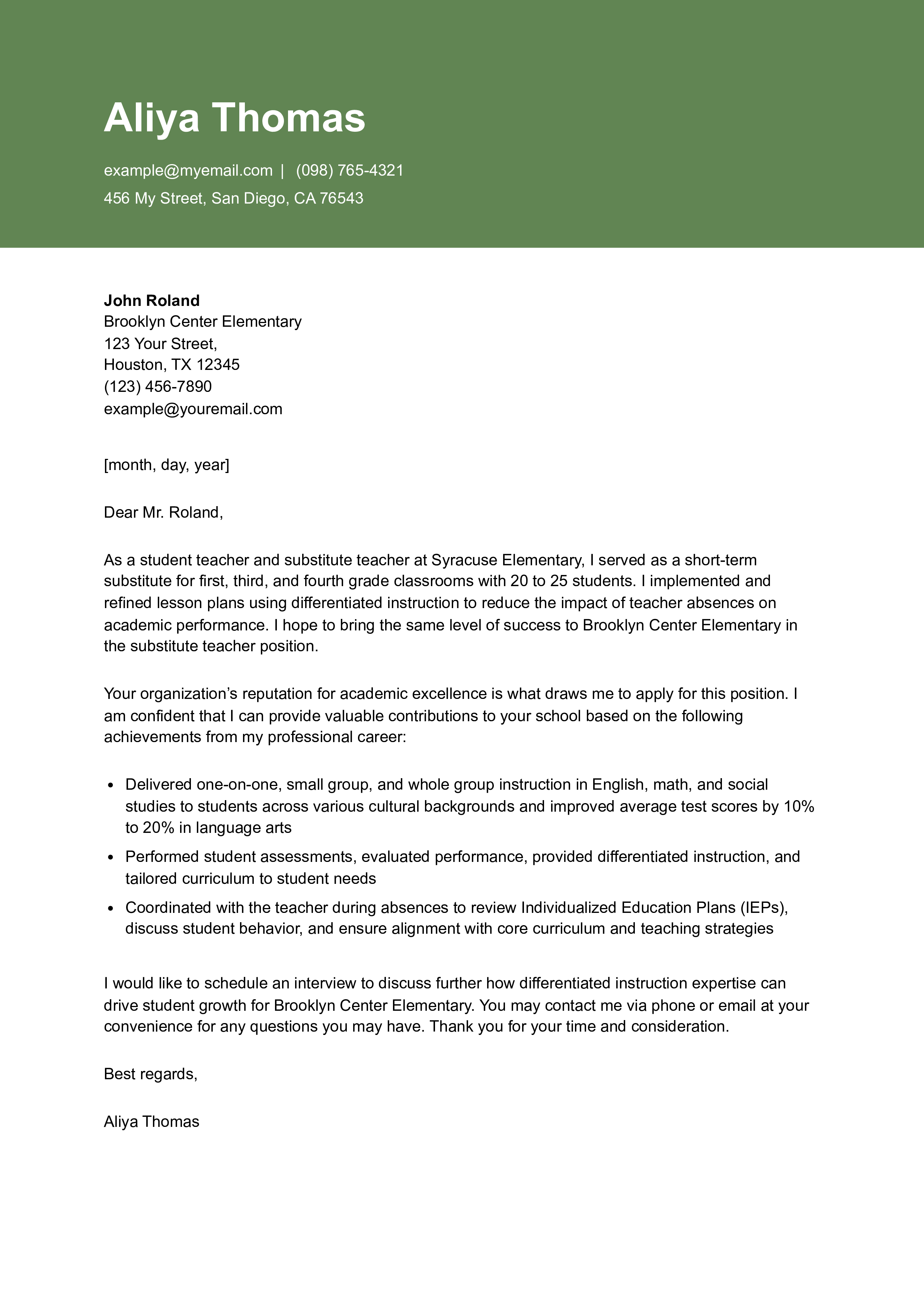 Substitute Teacher Cover Letter Examples and Templates for 2024