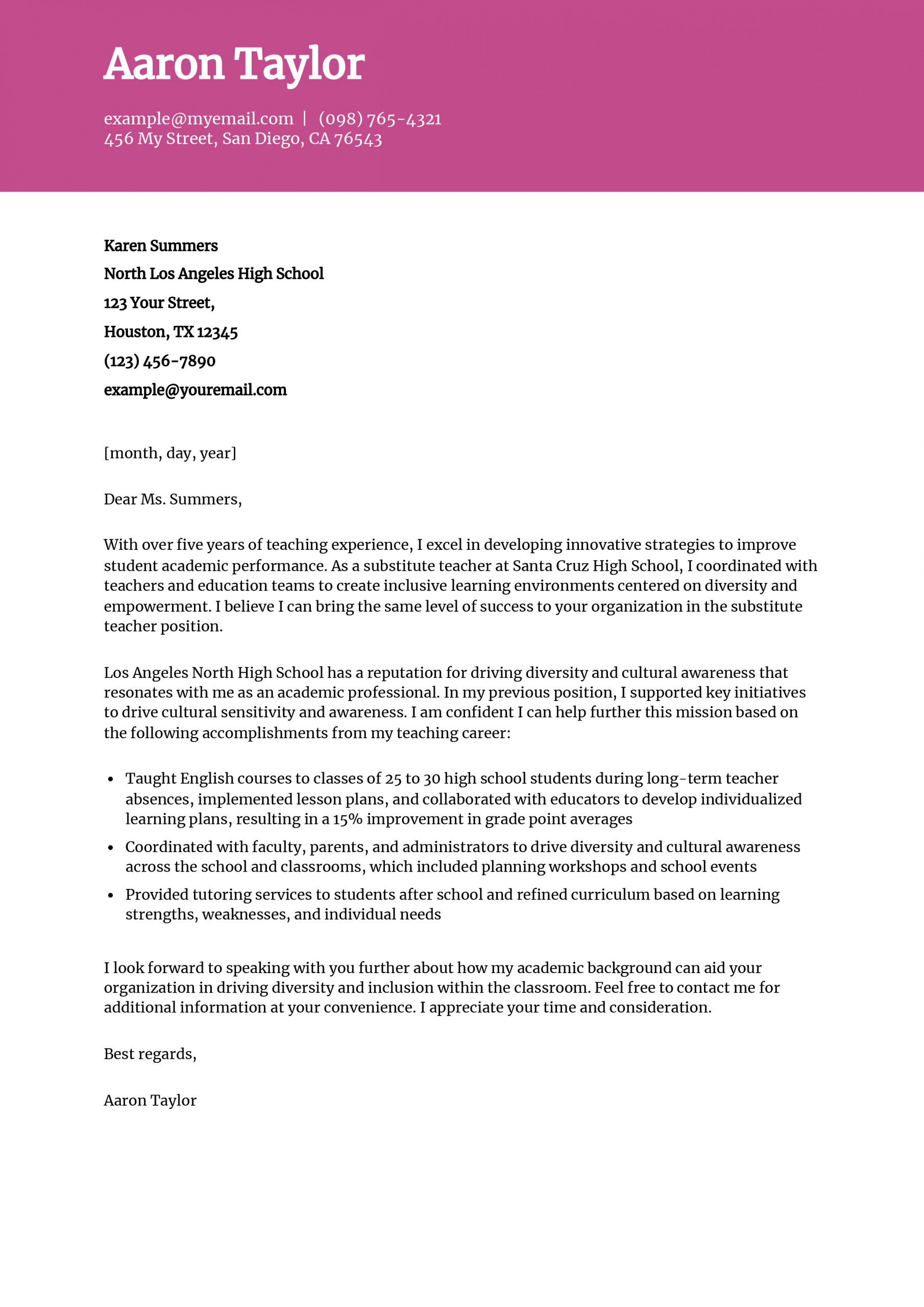 Substitute Teacher Cover Letter Examples and Templates for 2024