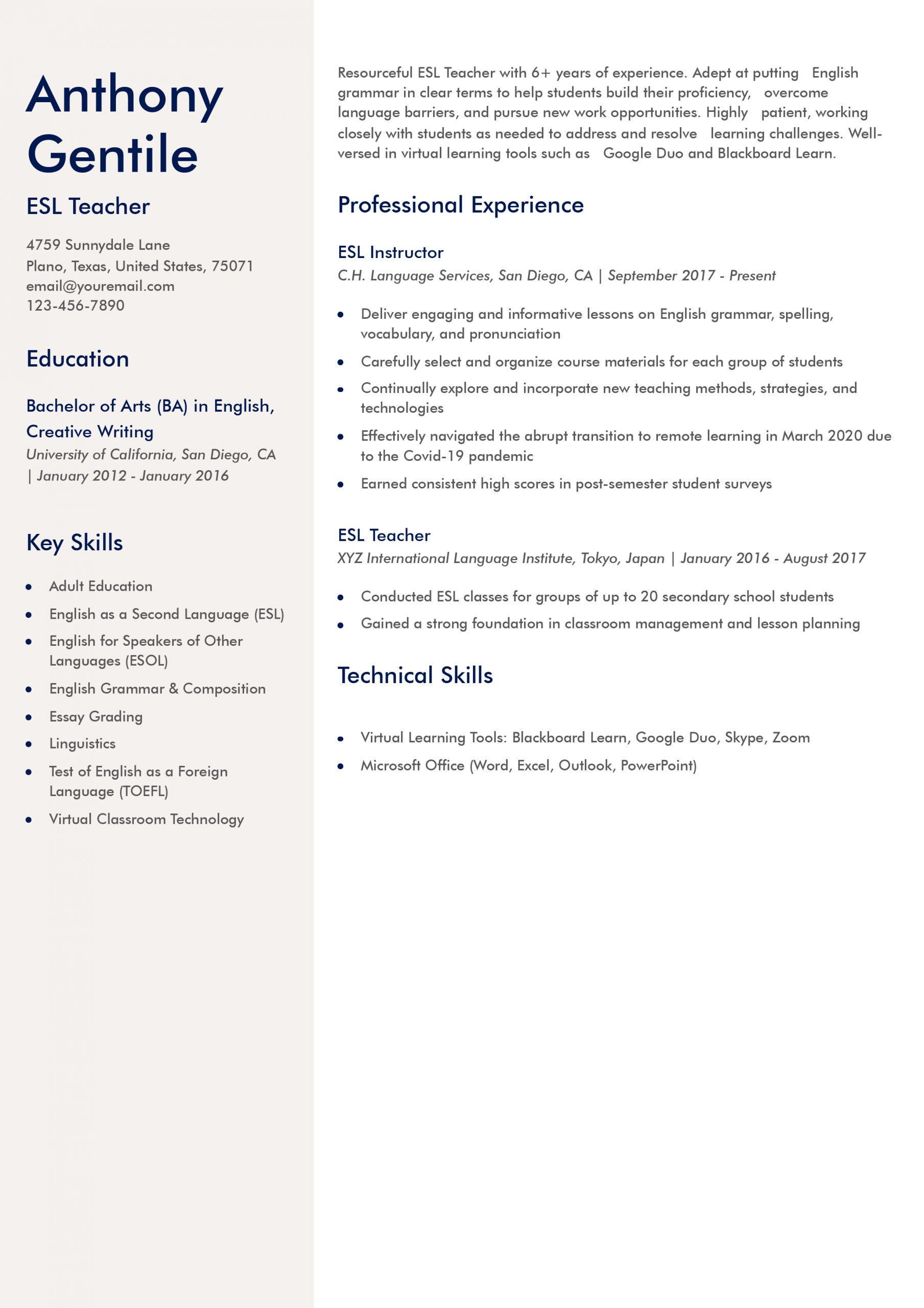 ESL Teacher Resume Examples and Templates for 2024